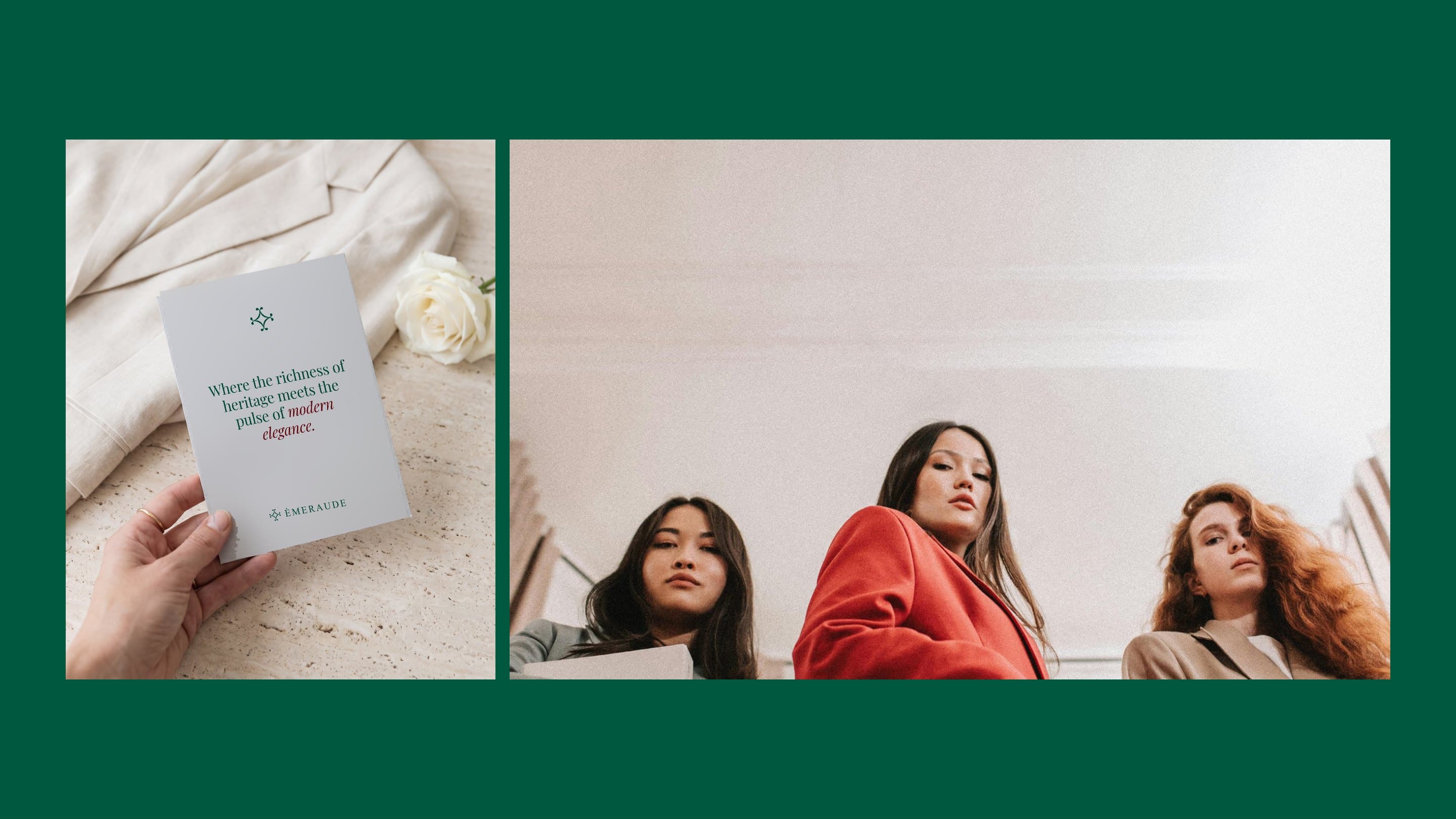 The Émeraude invitation card in hand, and three women in coats looking down into the camera, from the Émeraude campaign