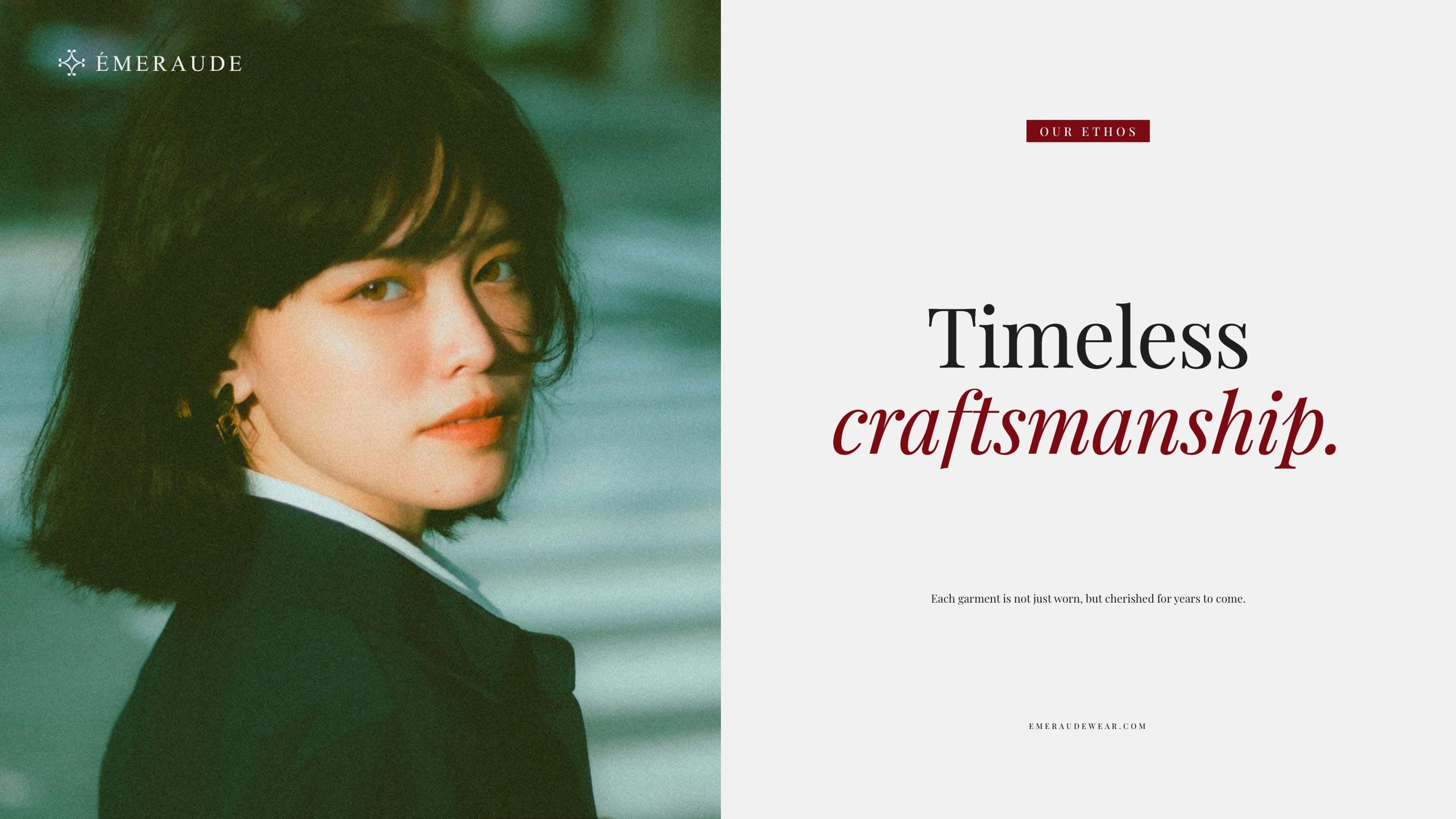 A portrait in green light with the silver lockup, and Timeless craftsmanship. set large