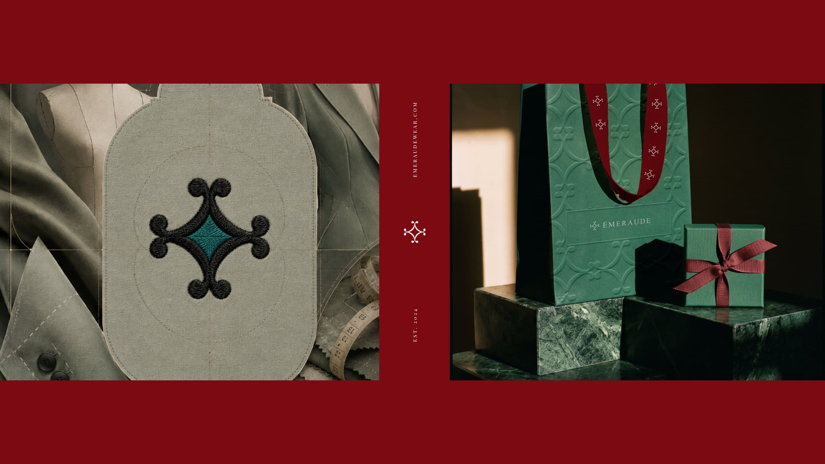The Émeraude ornament embroidered on grey tailoring, and the green bag and a ribboned gift box on green marble in a shaft of light, on maroon
