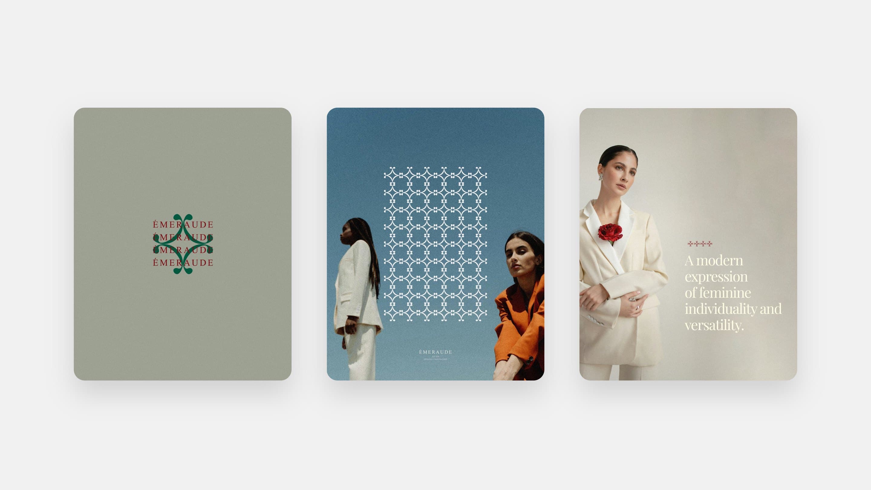 Three Émeraude posts: the ornament in the lockup, two women against the sky, and A modern expression of feminine individuality and versatility.