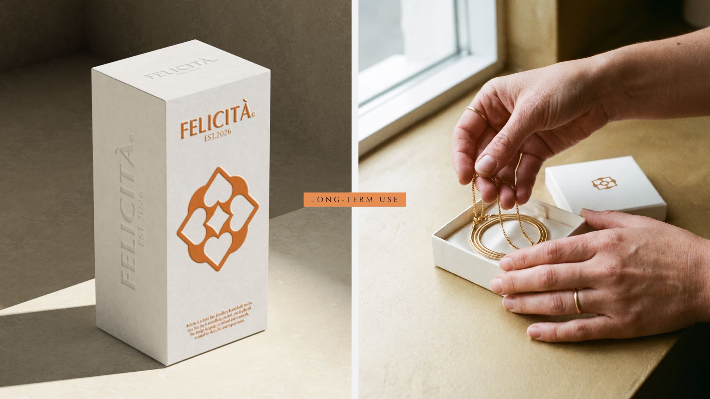The tall Felicità box with the emblem, and hands laying a gold chain into the gift box, Long-term use on the seam
