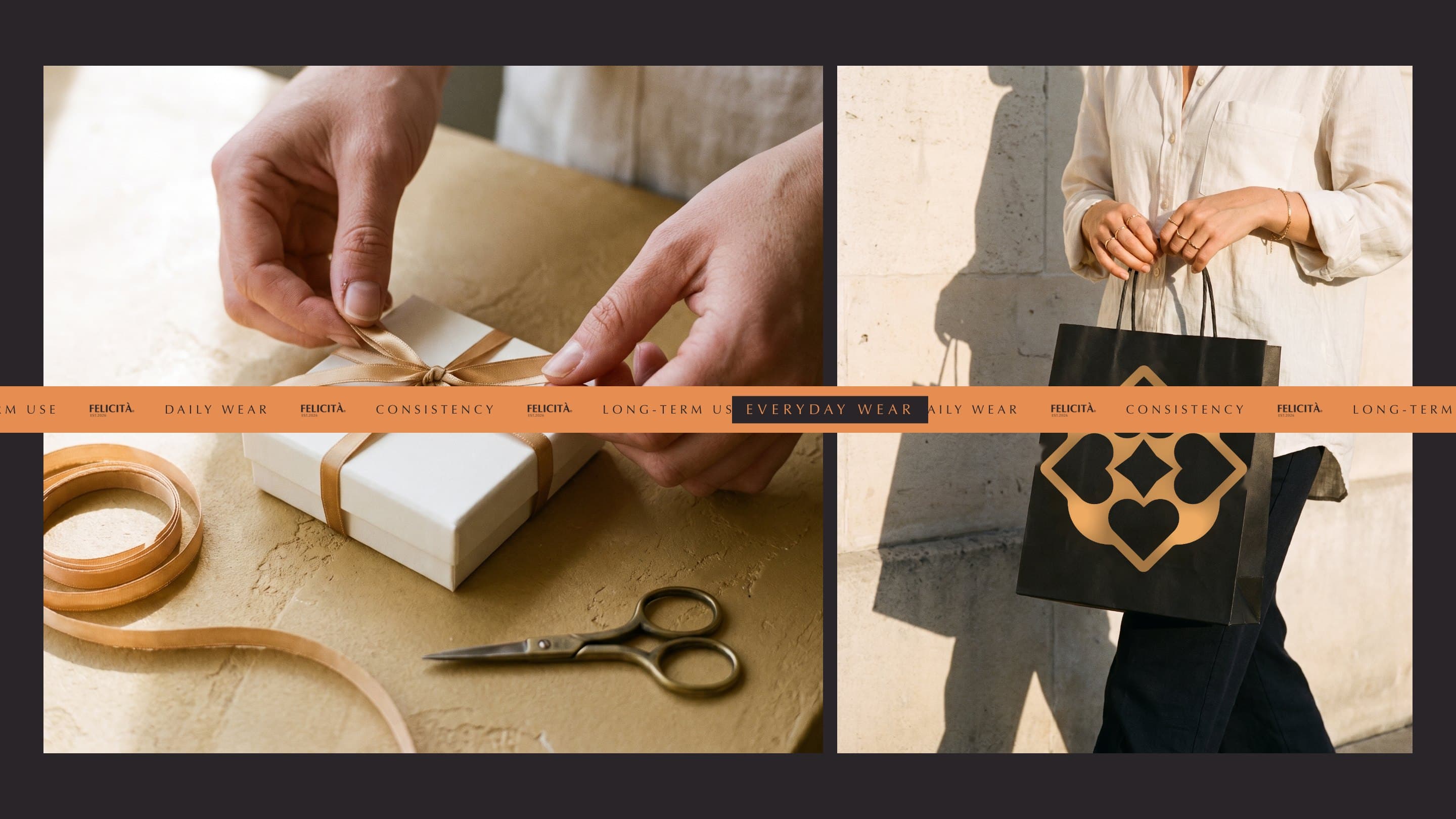 A ribbon tied round the gift box and the bag carried out, the band across both with an Everyday wear tab