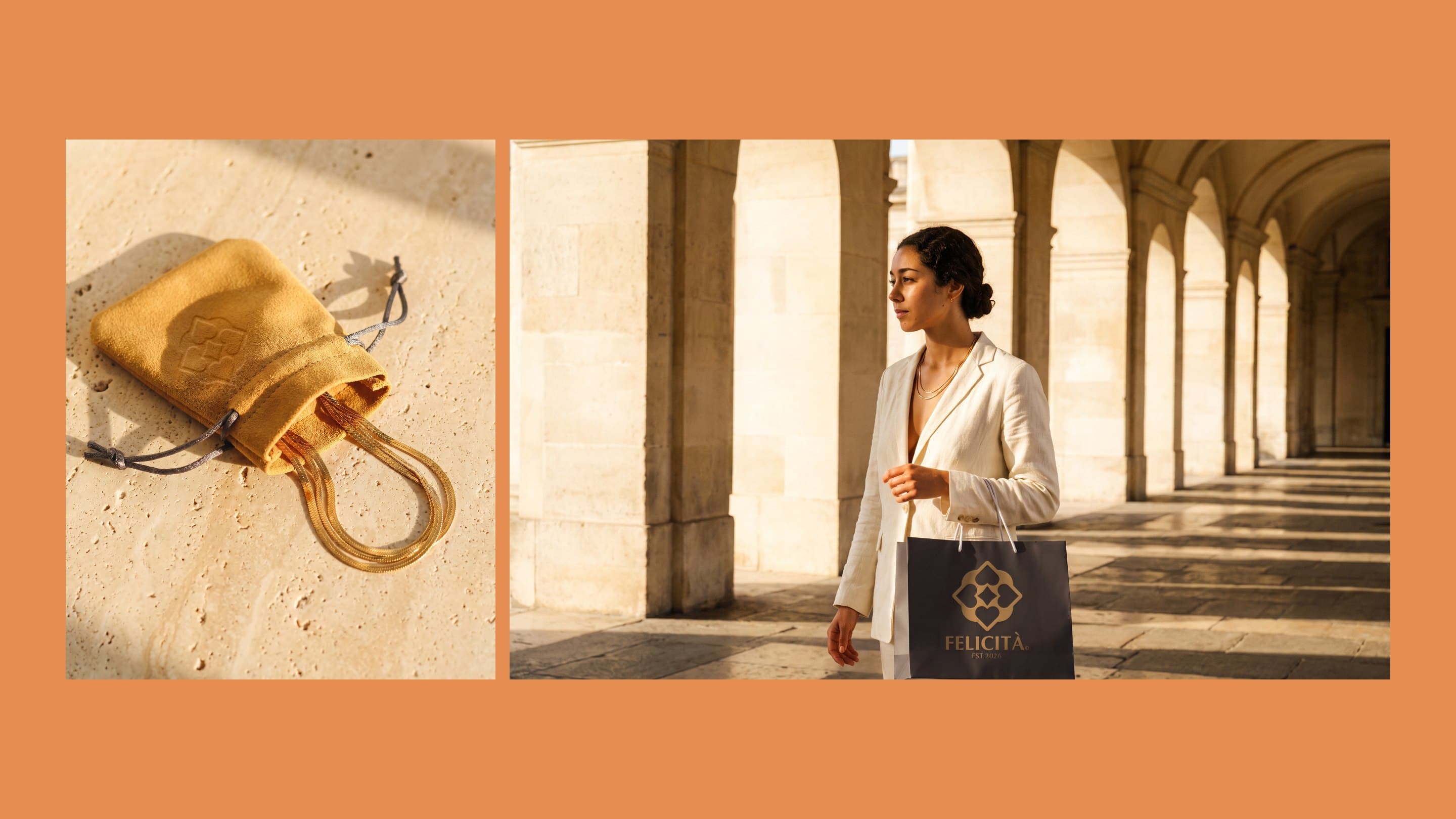 A warm-gold suede Felicità pouch with the emblem debossed, and a woman in ivory linen carrying the charcoal Felicità bag through a stone arcade