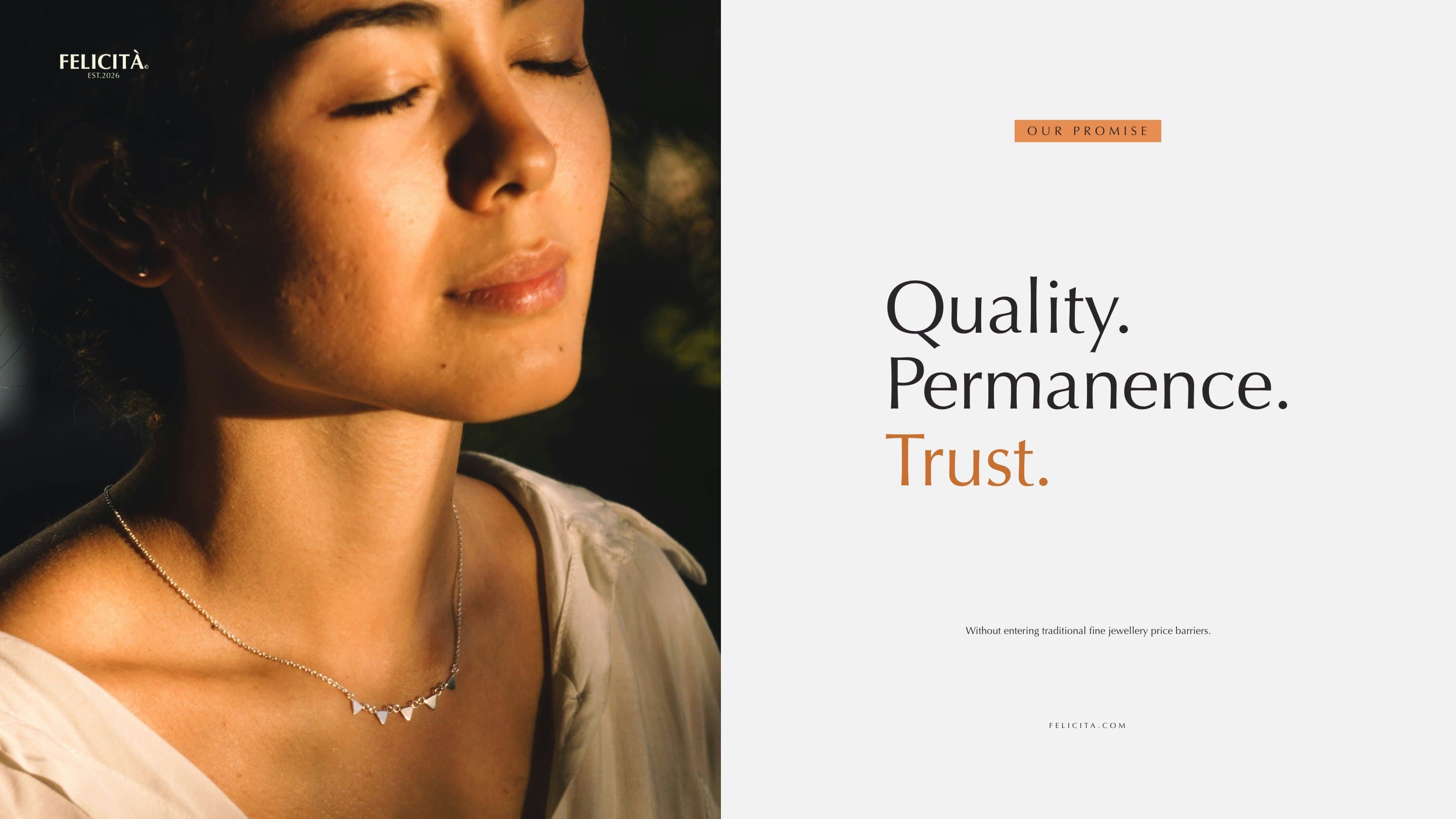 A woman in warm light with a fine necklace, beside Quality. Permanence. Trust.