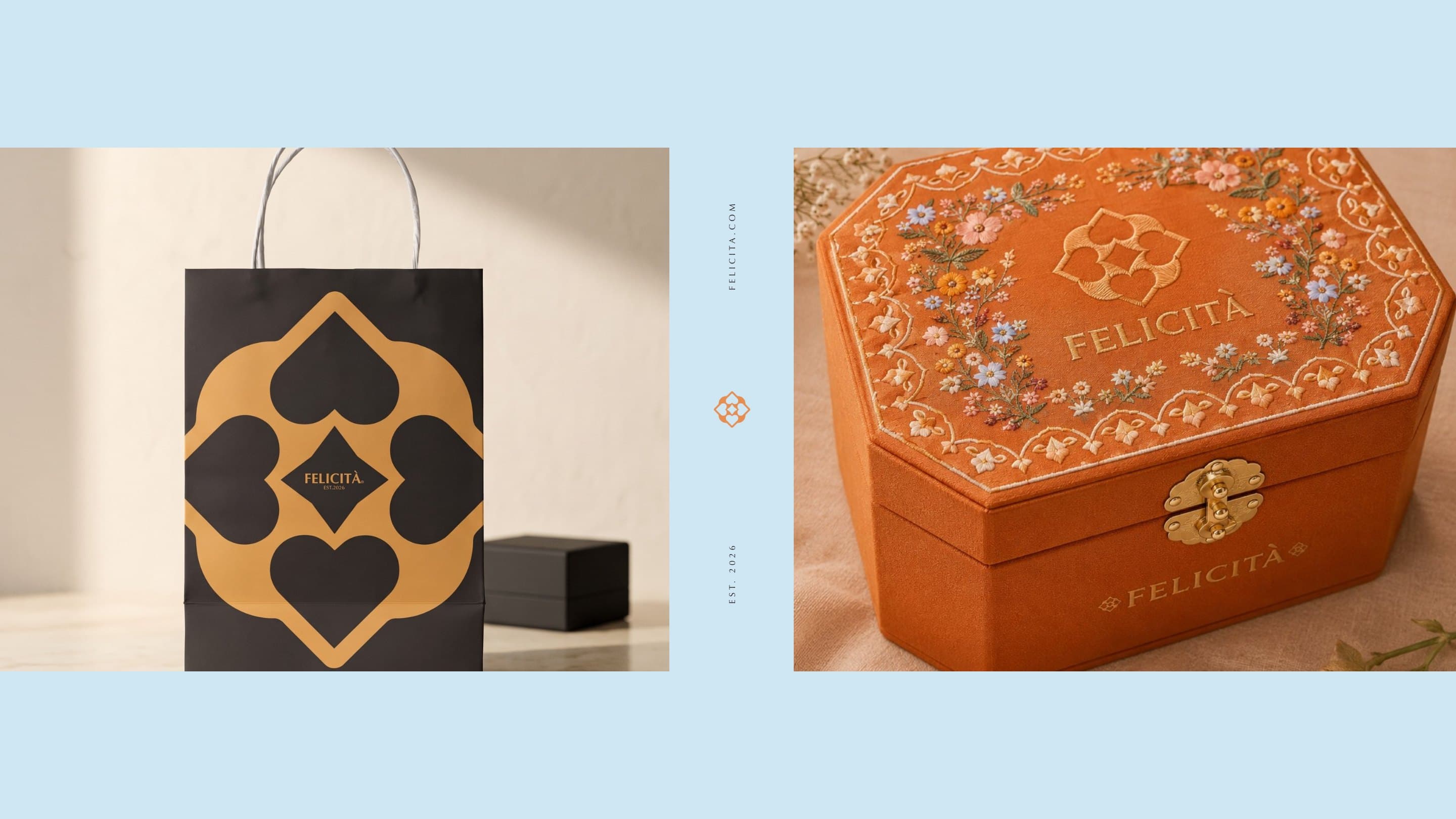 The black Felicità bag with the gold quatrefoil, and the embroidered Felicità box, on Powder Blue
