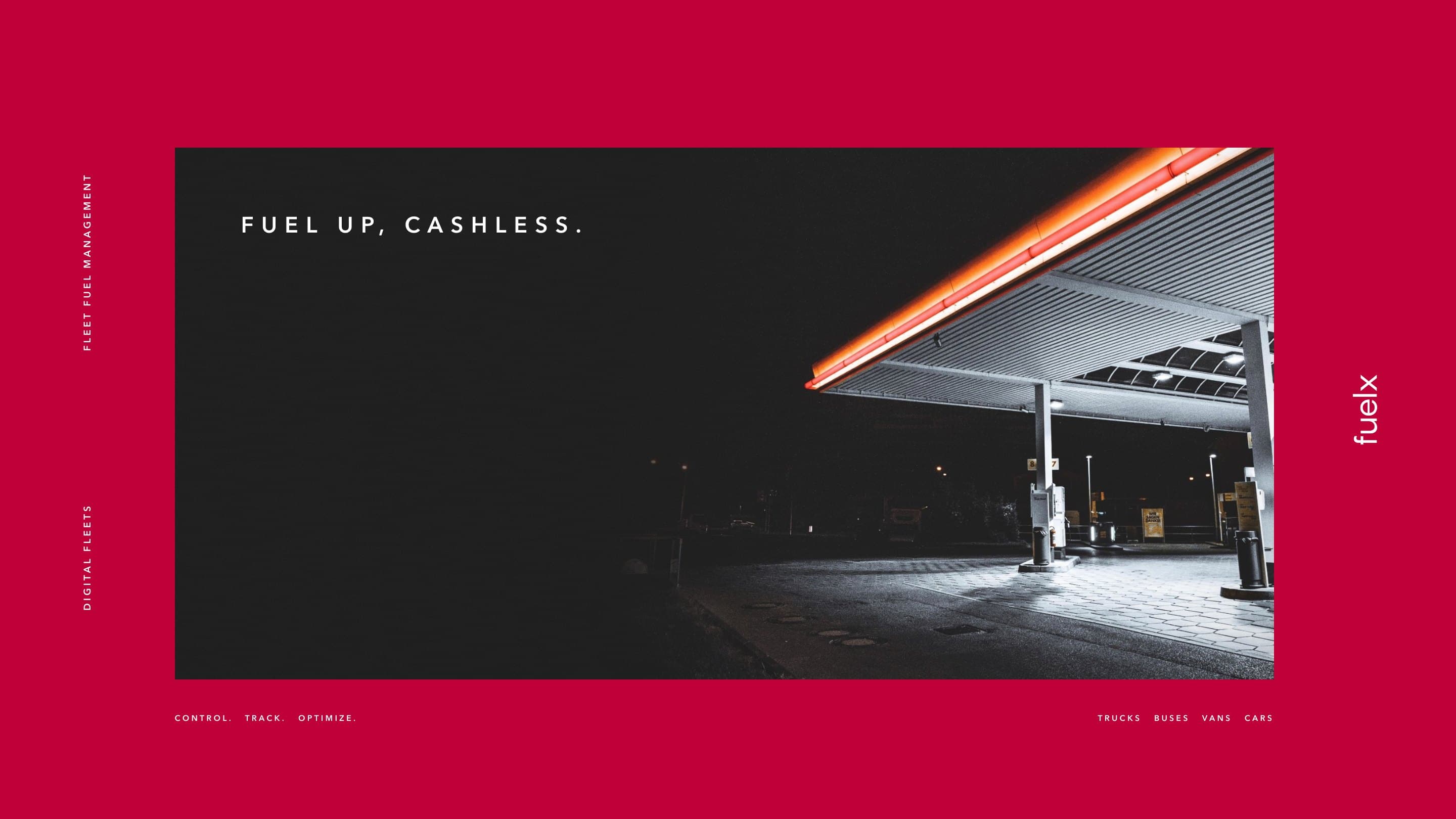 A fuel station at night, its canopy edged with a single glowing red-orange line: Fuel up, cashless.
