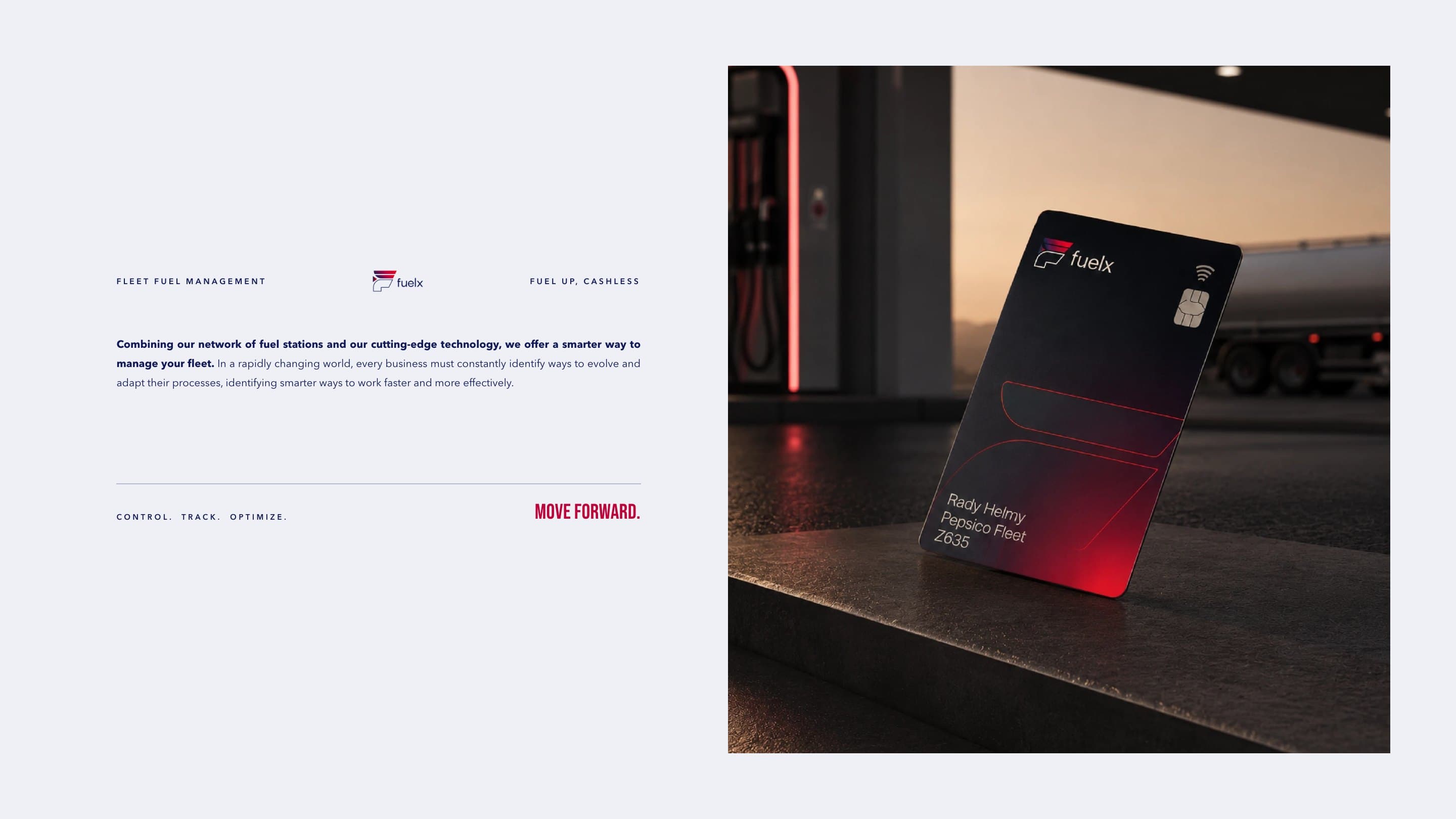Fuelx in the deck's words beside the black Fuelx fleet card standing on a stone step at a station at dusk