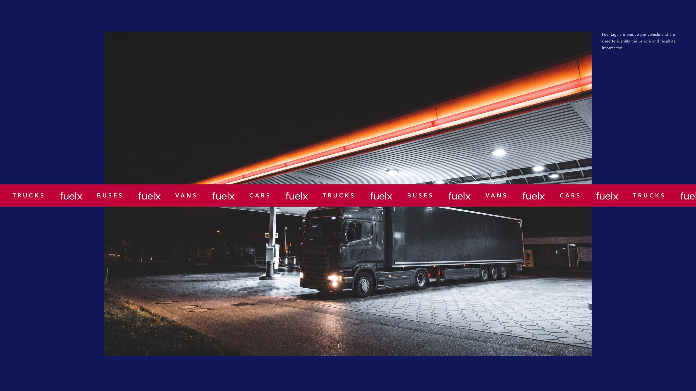A fleet truck under a station canopy at night, its edge one glowing line, the band of Trucks, Buses, Vans and Cars across it