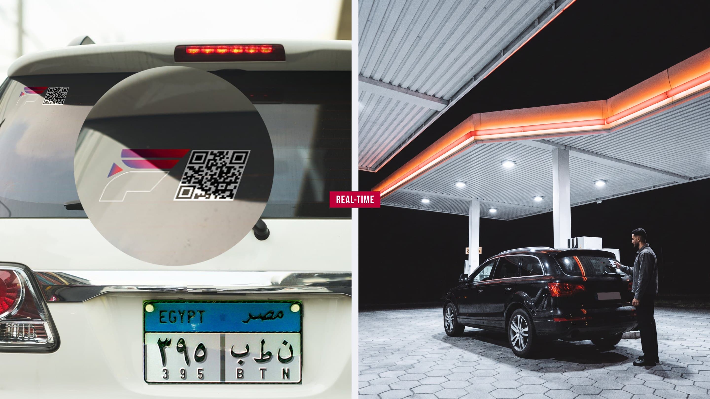 The round Fuelx tag with its QR code on a rear windscreen, and a man holding his phone to the tag on a black SUV under a station canopy, Real-time on the seam