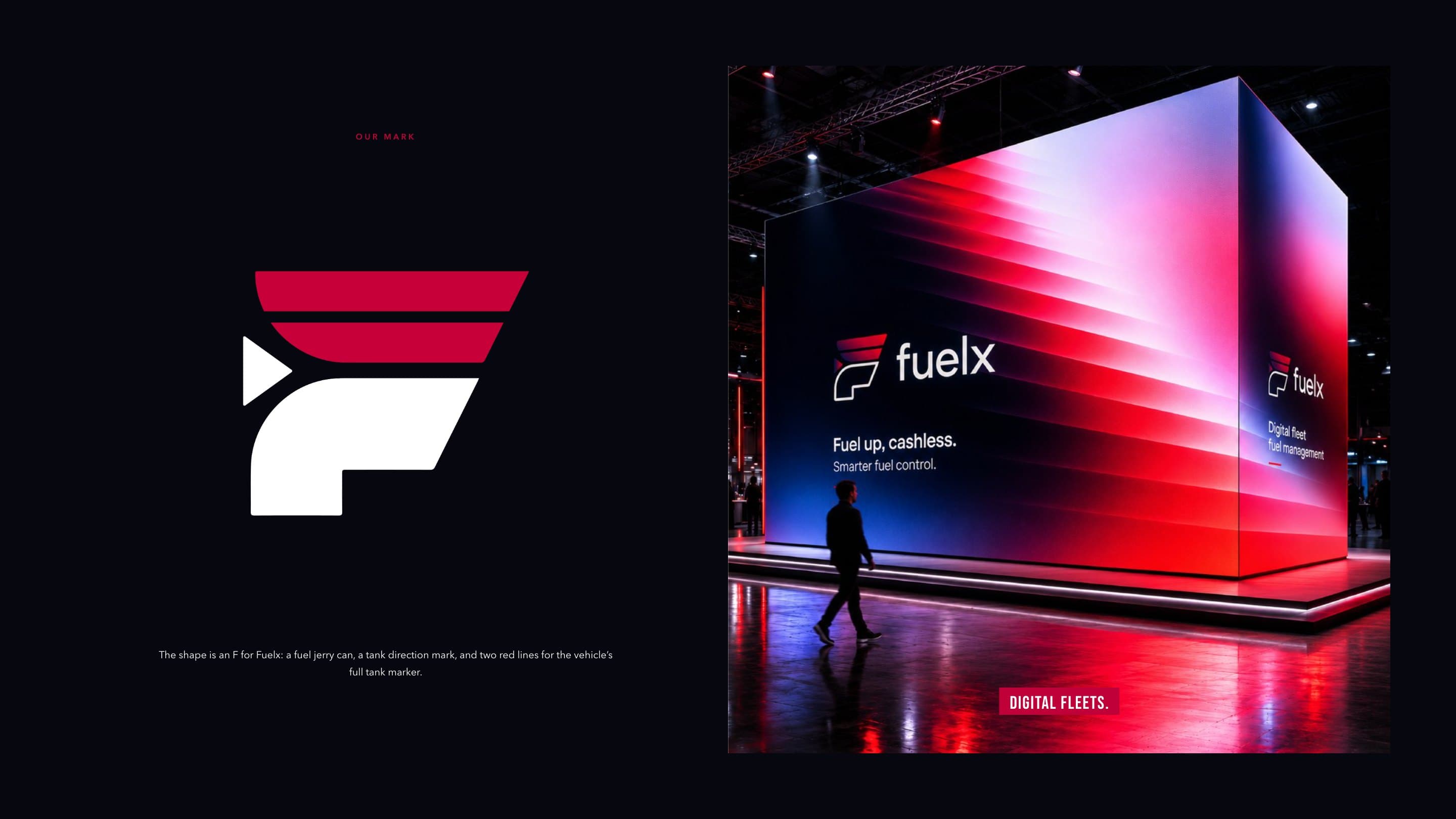The Fuelx mark in white on black, an F from a jerry can, a tank direction mark and two red lines, beside the Fuelx stand