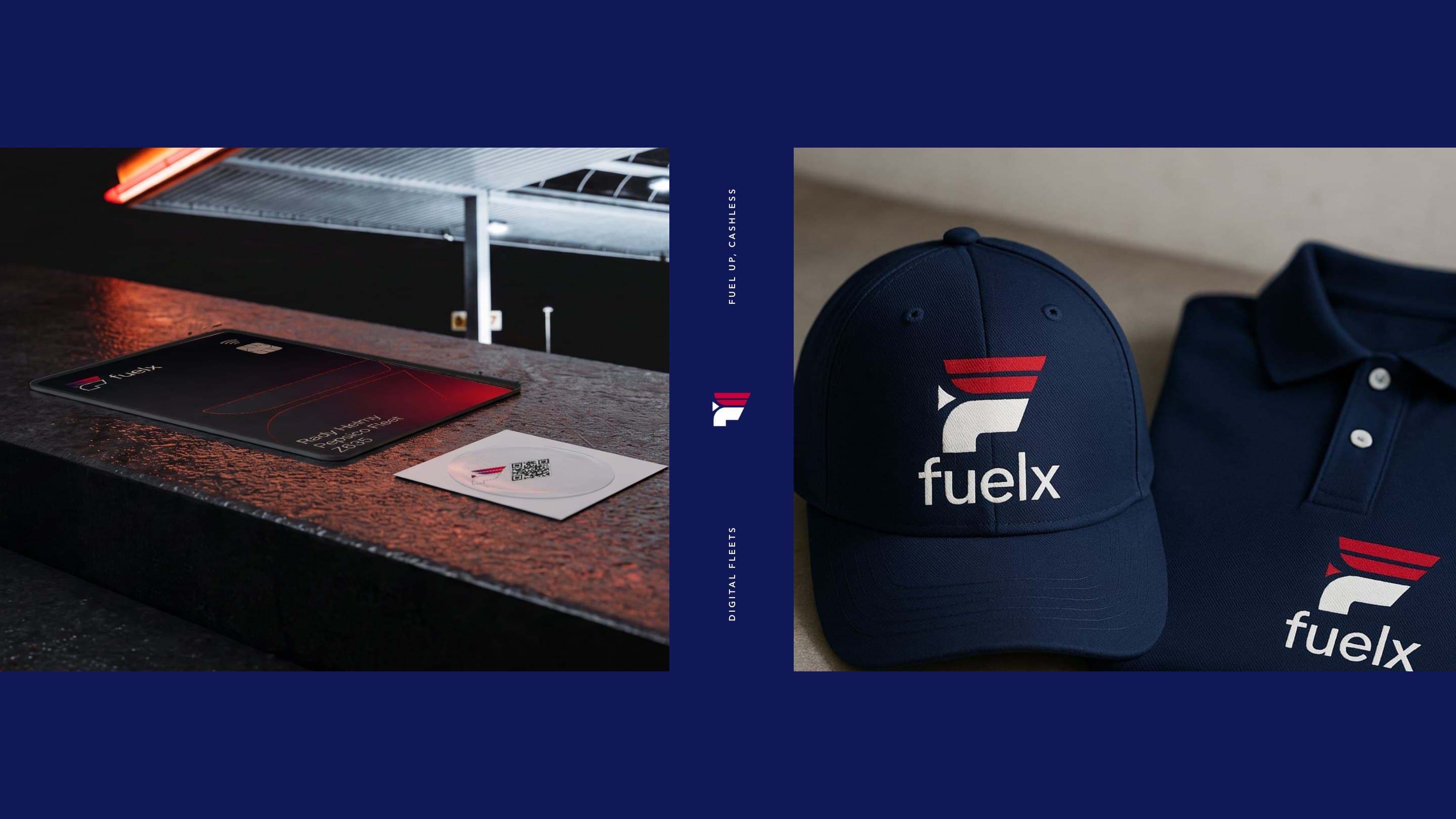 The black Fuelx fleet card and a tag on its backing on a stone ledge at a station at night, and a Fuelx cap and polo, on dark blue