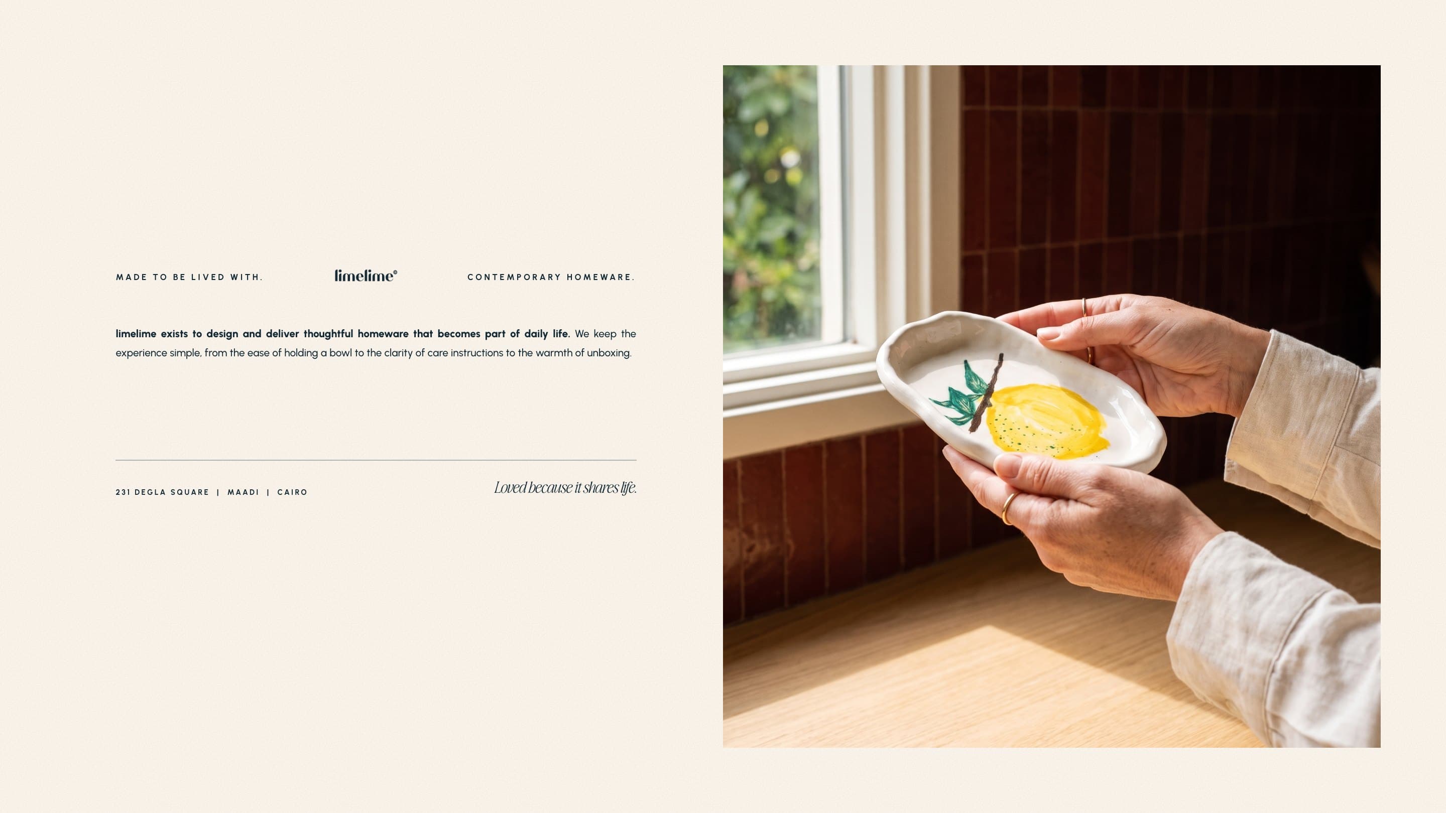 Hands hold the lemon Spoon Rest in a kitchen of red zellige tiles, beside the brand's purpose