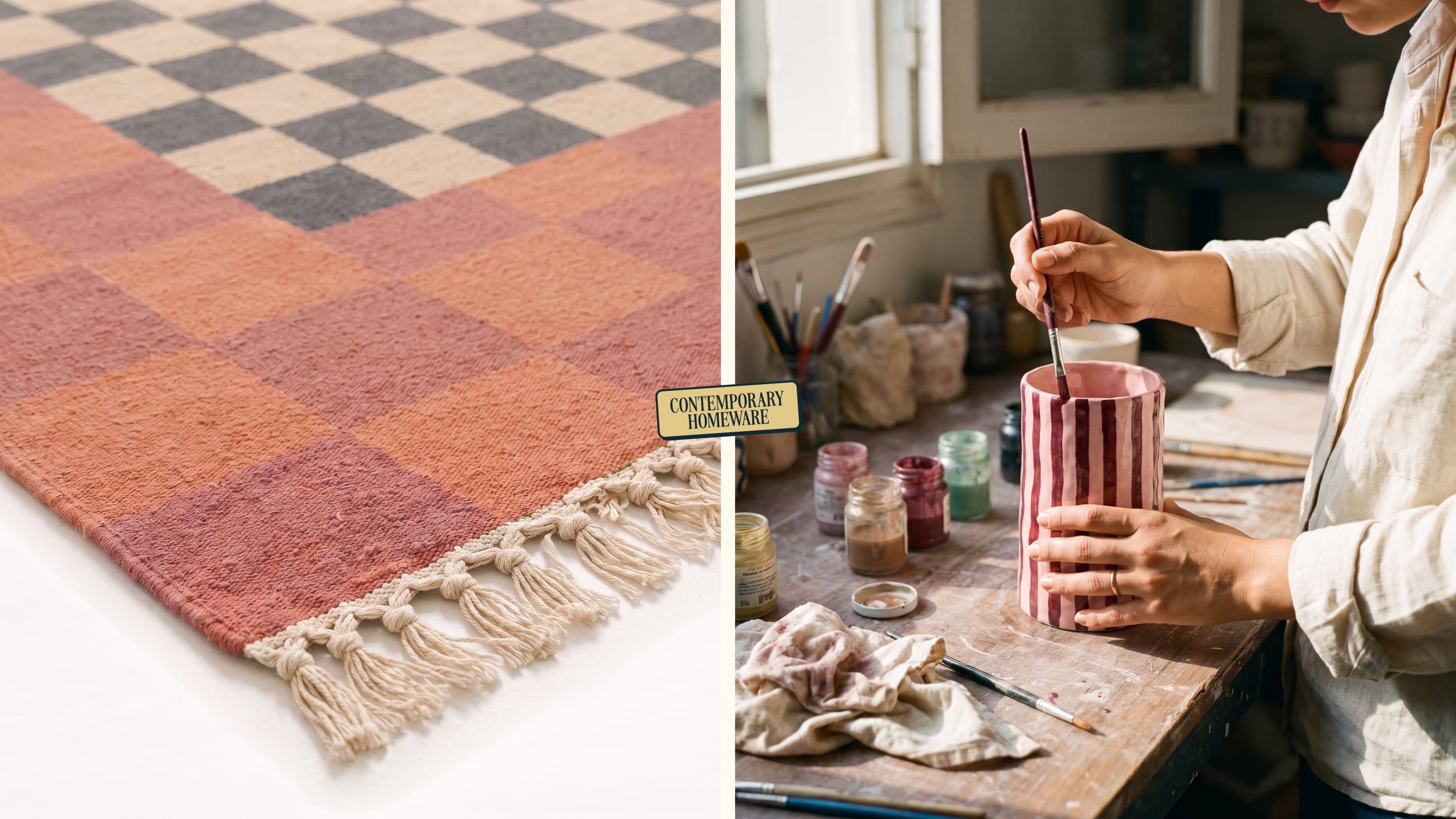 The Checkerboard Rug up close beside hands painting stripes on the Striped Utensil Pot