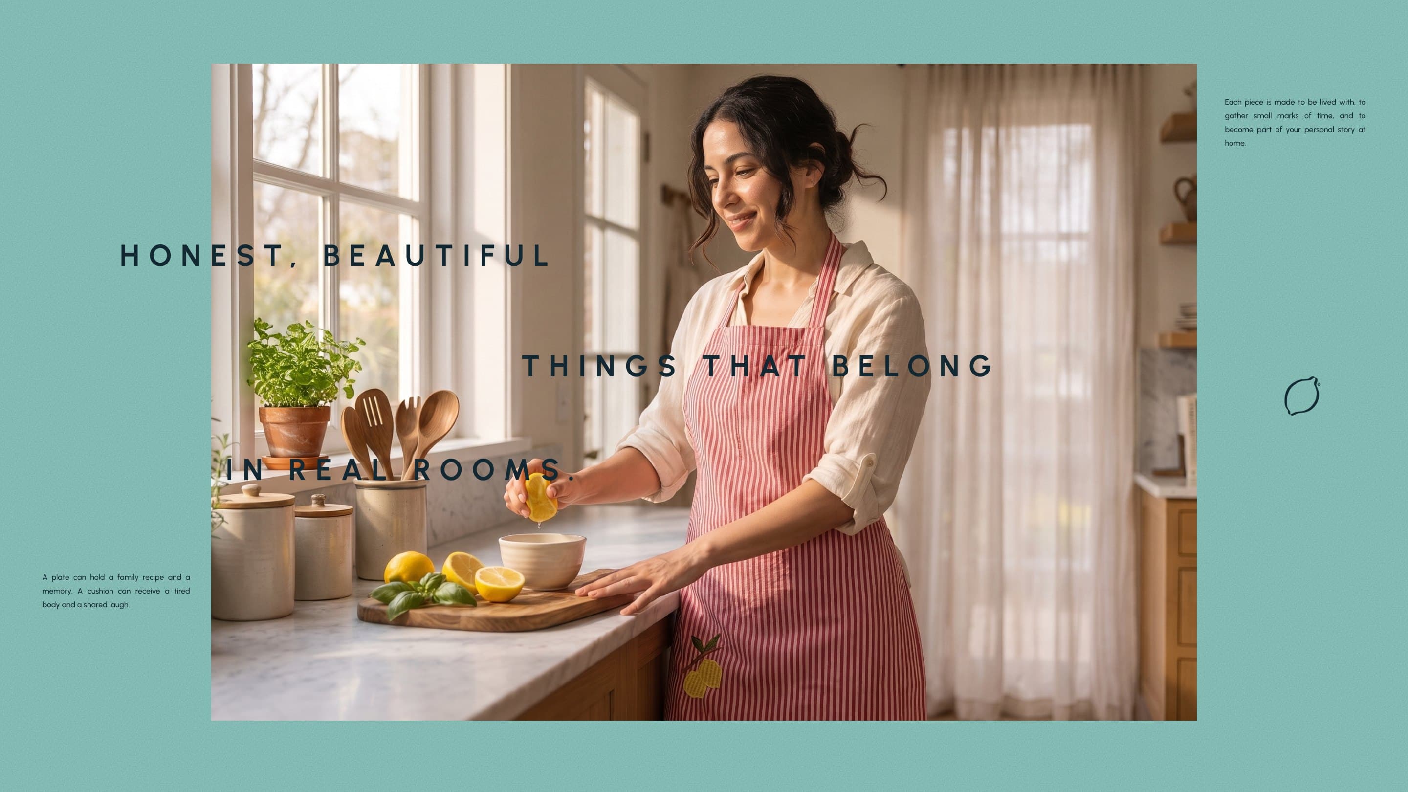 A woman in the Lemon Stripe Apron squeezes lemons in her kitchen: honest, beautiful things that belong in real rooms