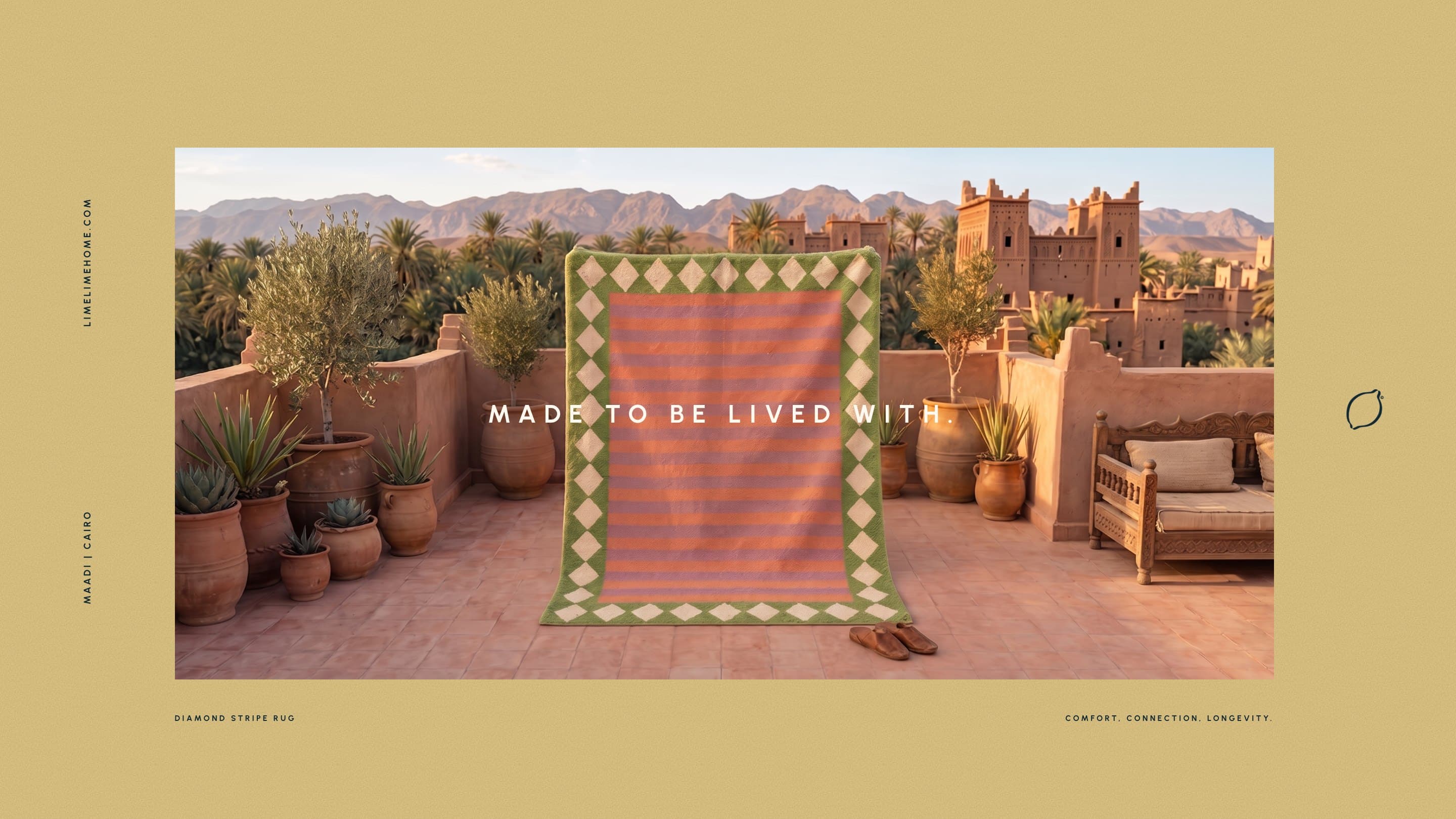 The Diamond Stripe Rug hung on a sunny terrace: made to be lived with