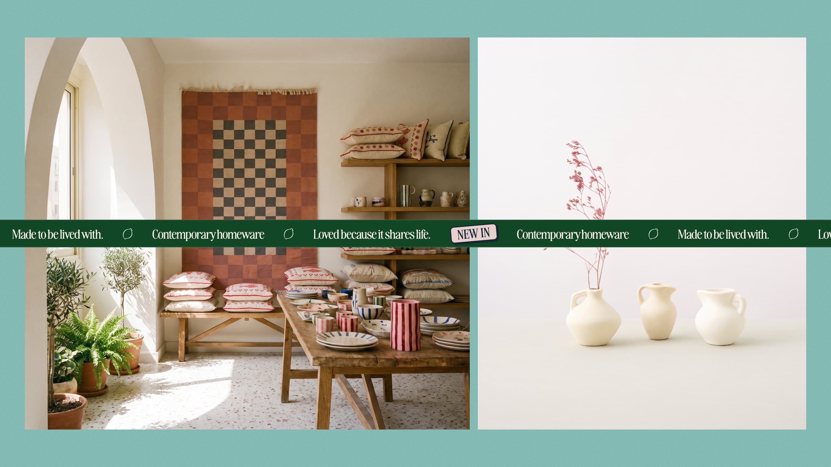 Inside the shop, rugs, cushions and ceramics on oak, beside three white jugs, with the marquee band and a New in sticker