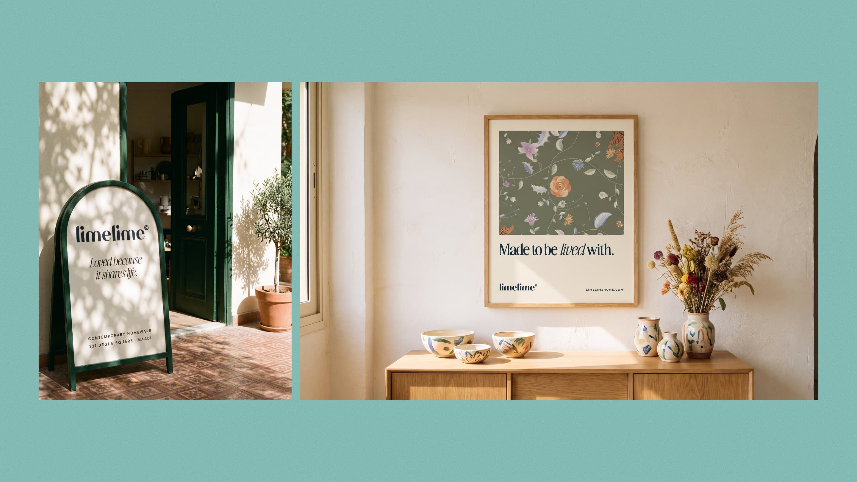 An arched limelime sign at the shop door, and a framed botanical poster above a sideboard