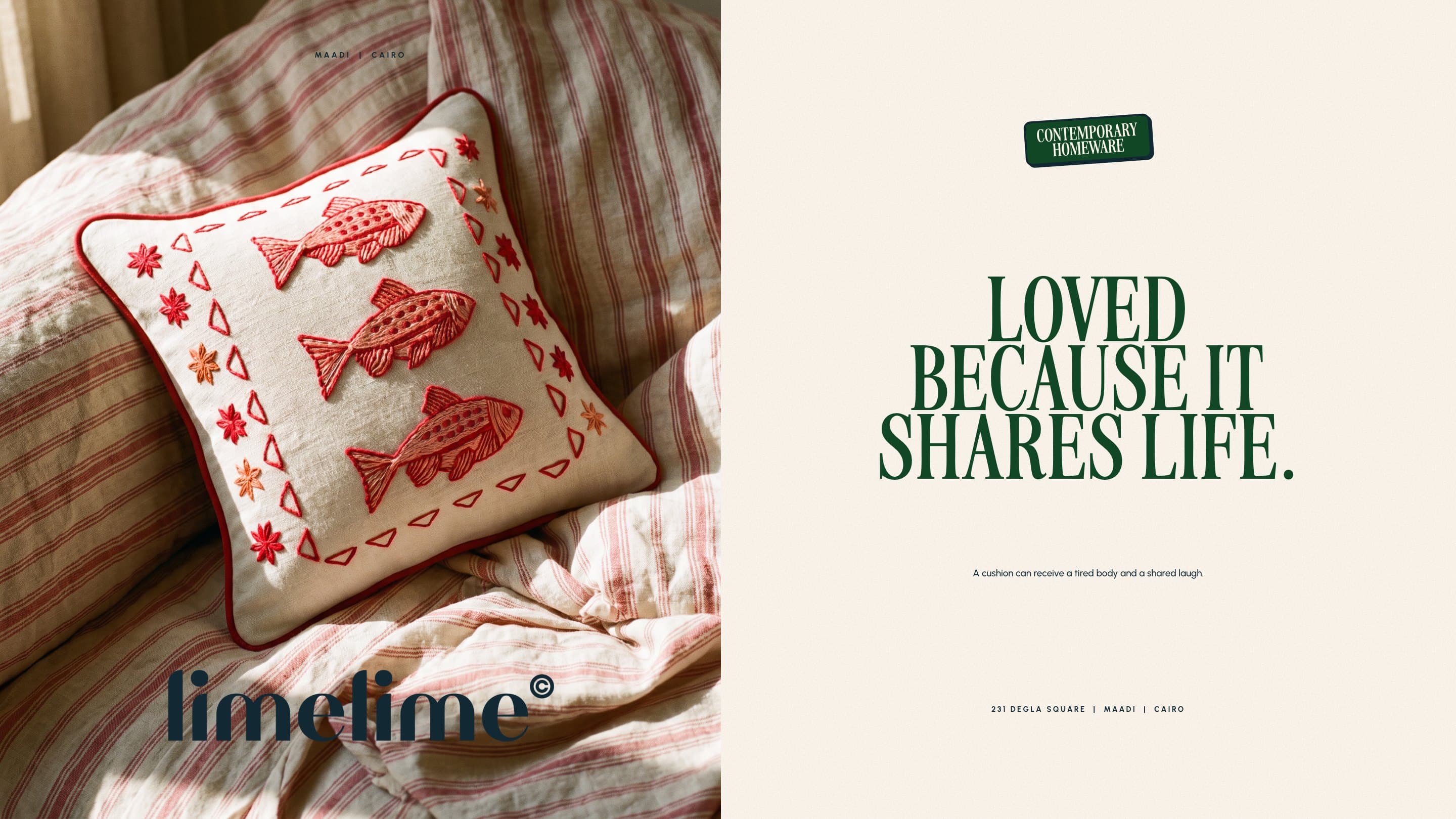 The Three Fish Cushion on striped linen with the wordmark, beside Loved because it shares life set large