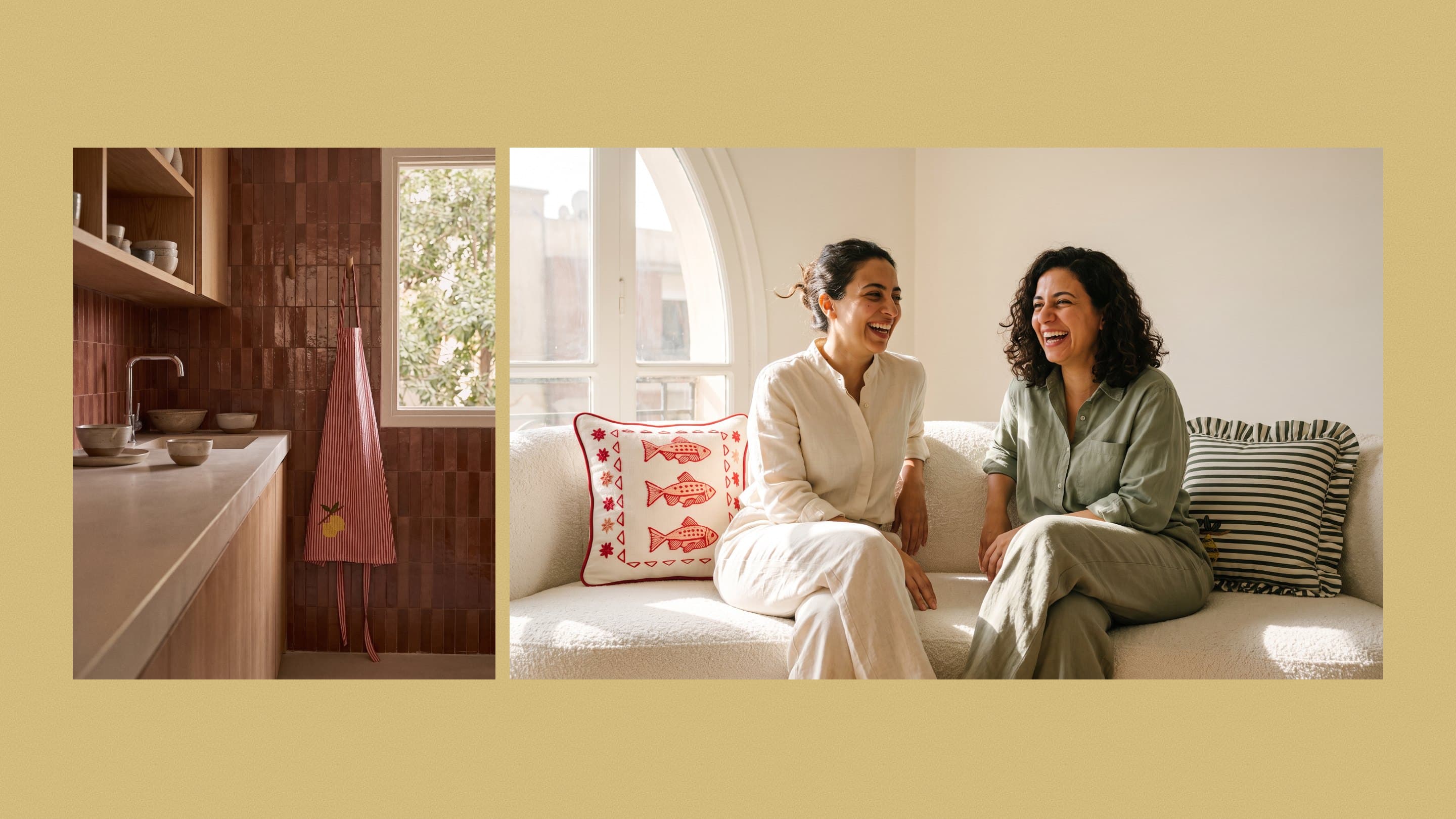 The Lemon Stripe Apron on a kitchen hook, and two friends laughing on a sofa among the cushions