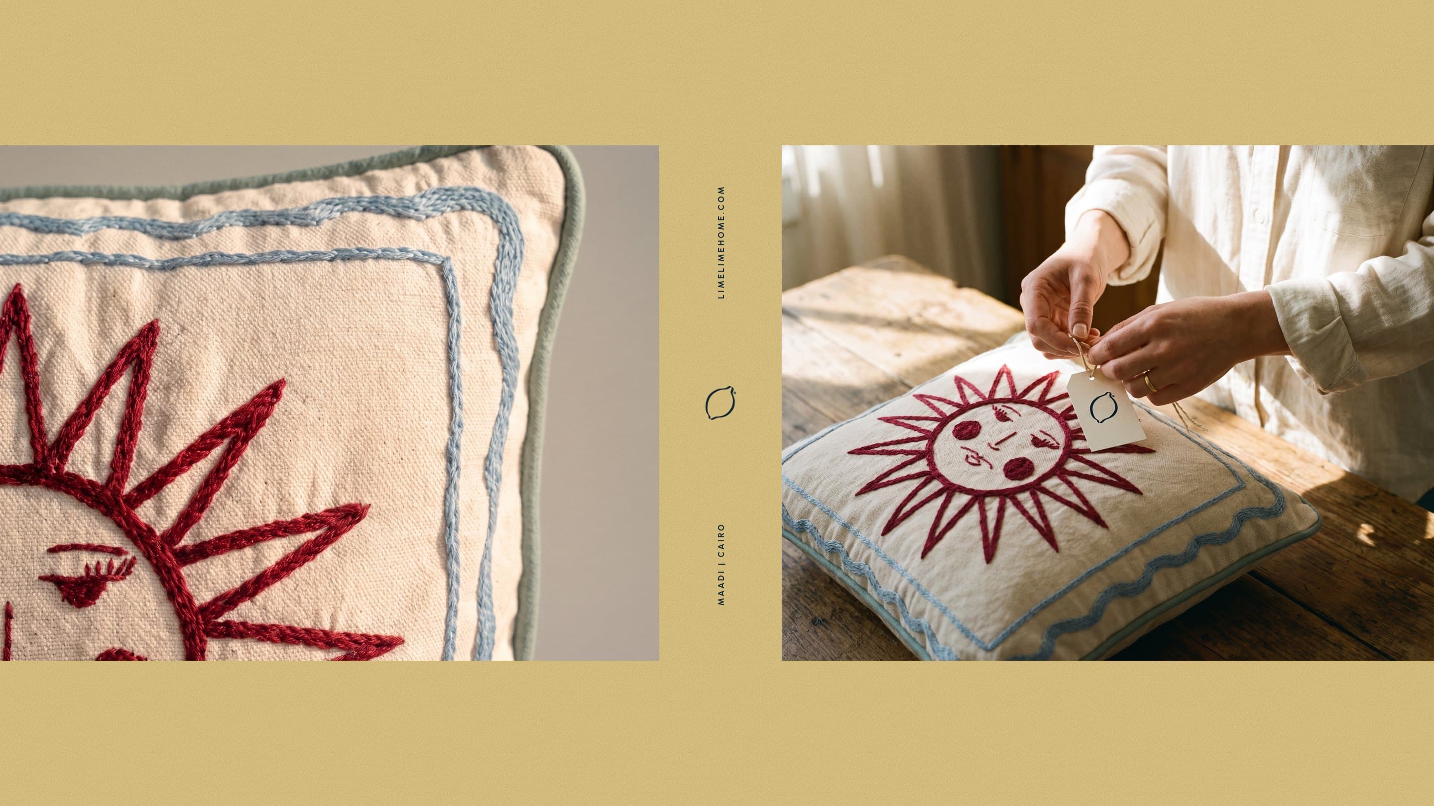The Sunny Side Cushion up close, and hands tying a lemon swing tag to it