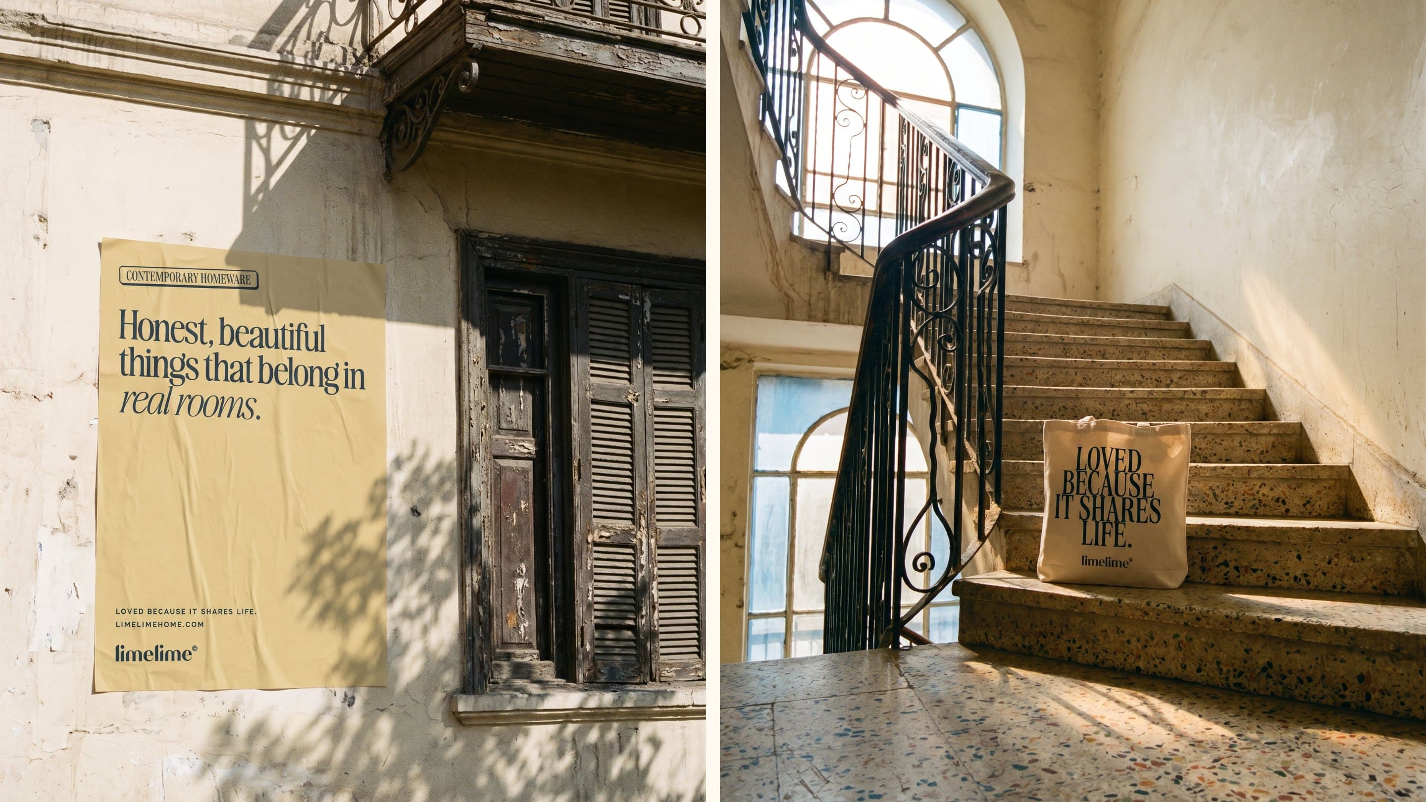 A limelime poster on a Garden City wall, and the tote bag on a terrazzo staircase