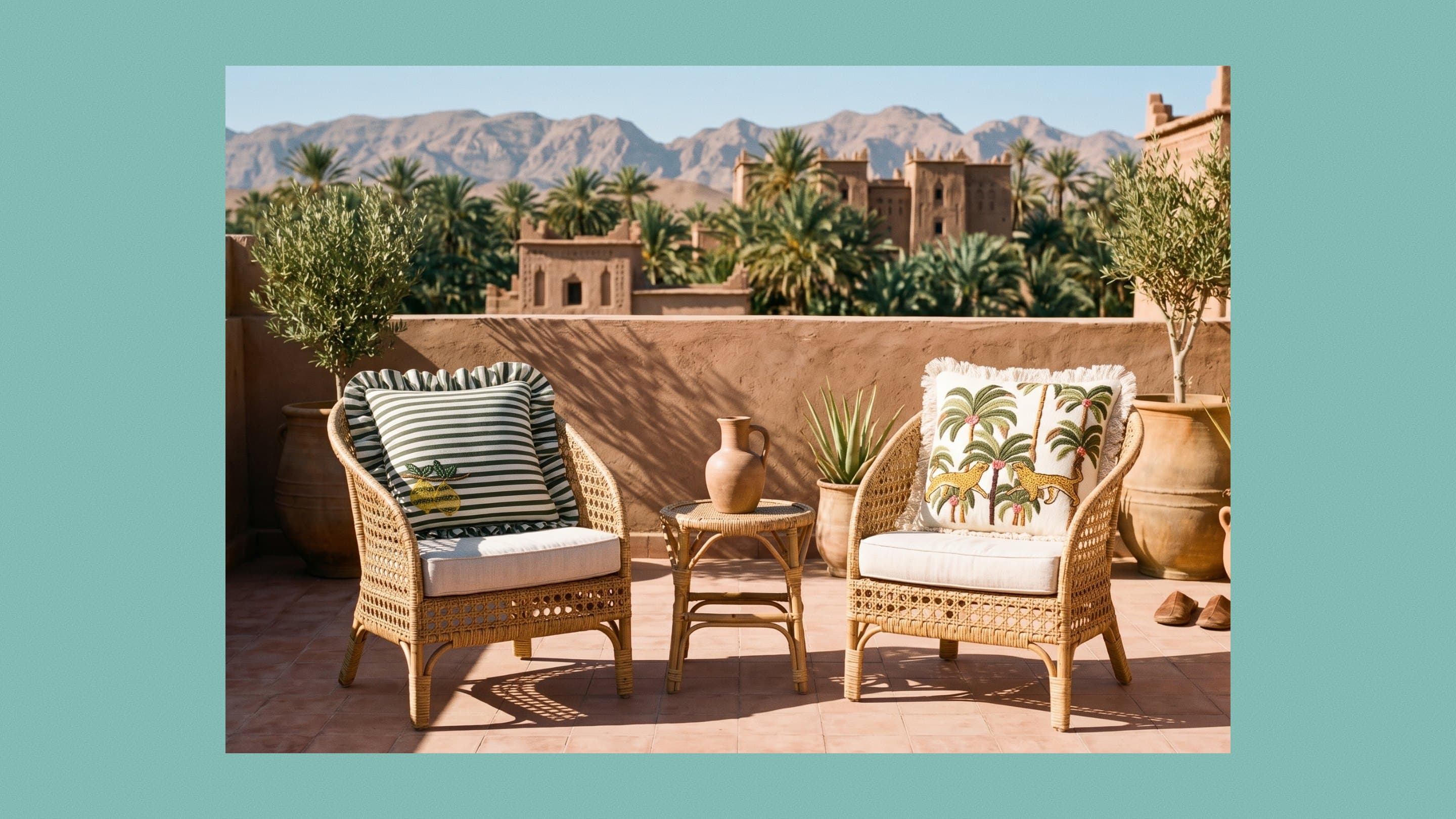 Two rattan chairs on a terrace with the Ruffle Stripe and Palm Leopard cushions