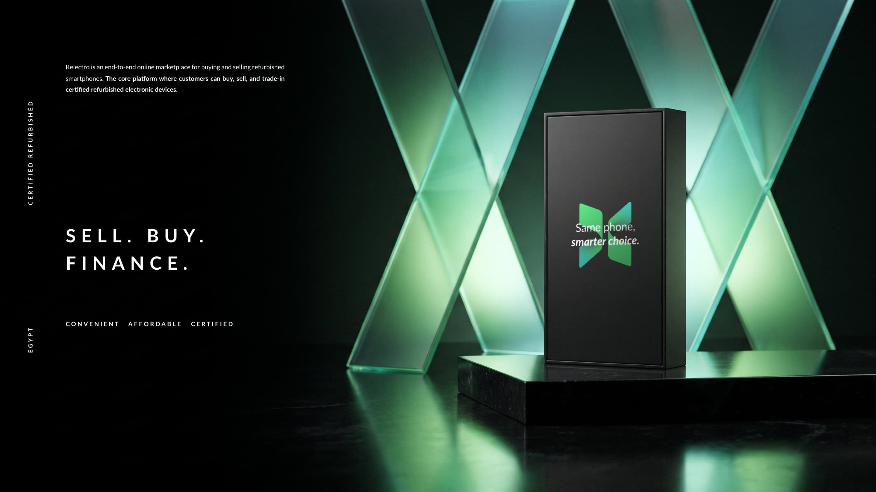 The black Relectro box, Same phone, smarter choice., standing on a black stone plinth before two glowing glass bands that make the mark: Sell. Buy. Finance.