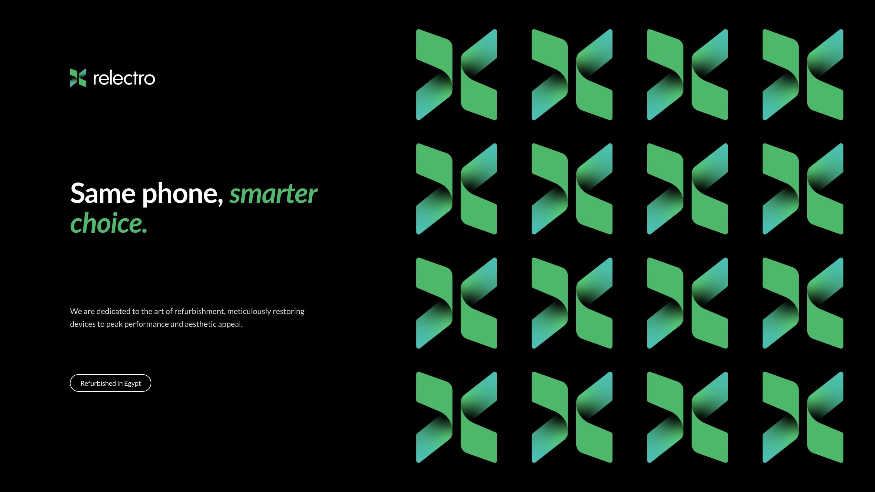 The Relectro ribbon mark as a repeat in green on black, beside Same phone, smarter choice. and the Arabic lockup