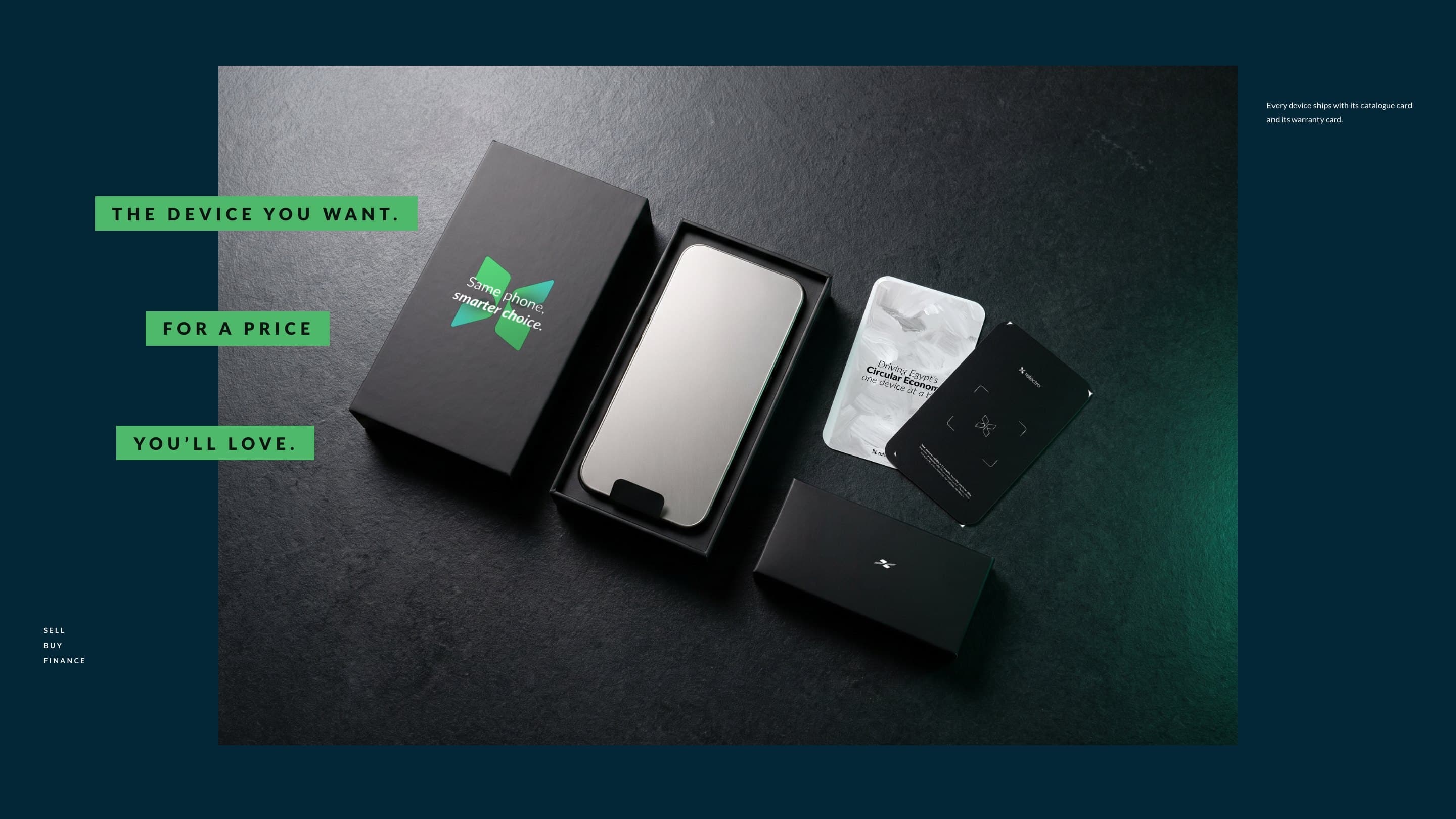 The Relectro box opened on dark stone with its phone, catalogue card, warranty card and accessories box: The device you want. For a price you’ll love.