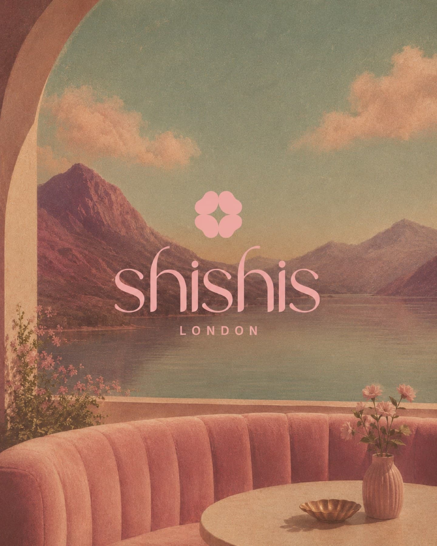 A Shishis post: the flower and the shishis London wordmark over a painted lake, seen from a pink velvet booth