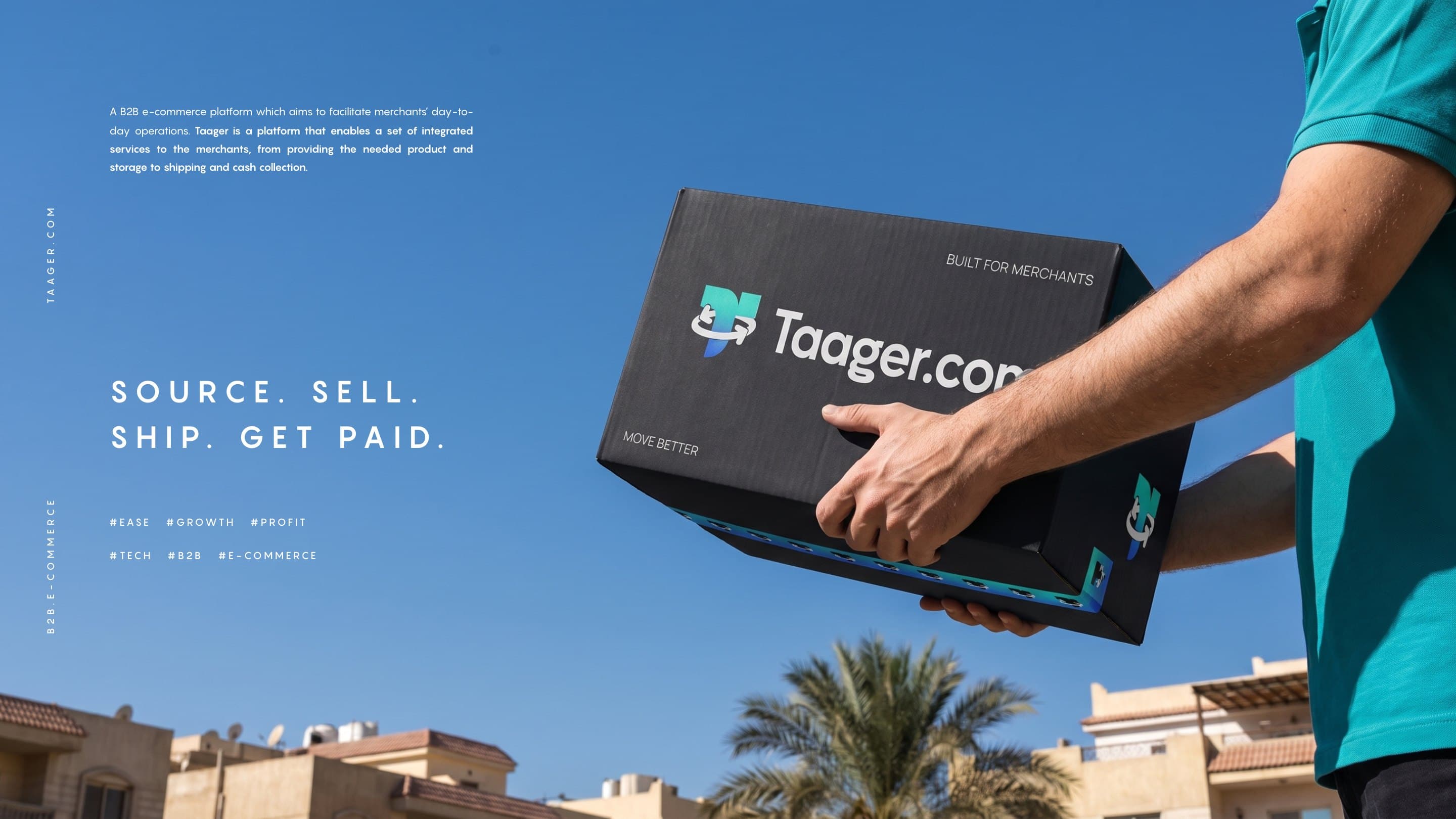 A courier lifts a Taager box into the Cairo sky: Source. Sell. Ship. Get paid.