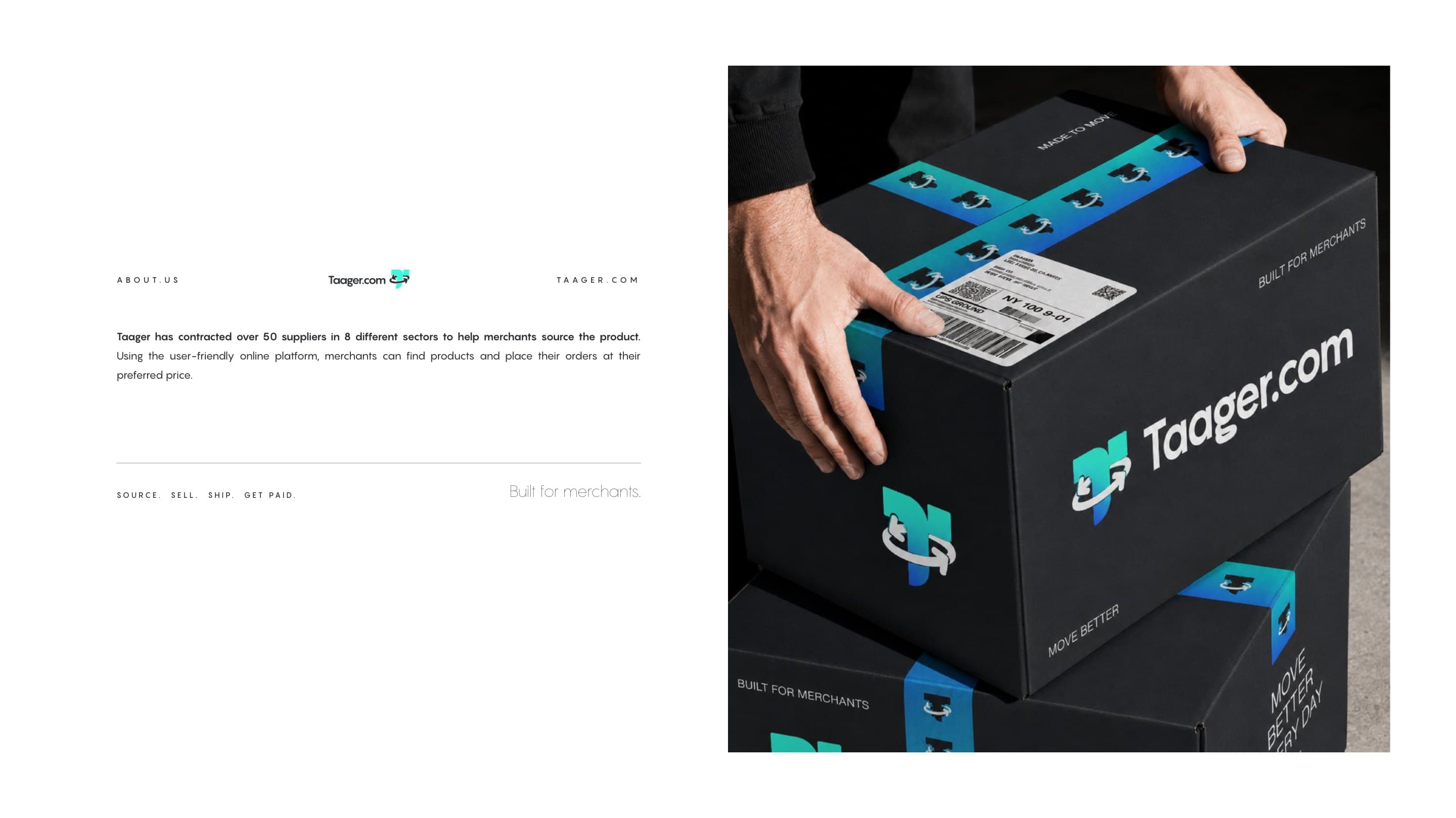 Hands stack Taager boxes beside the book's words on suppliers and ordering