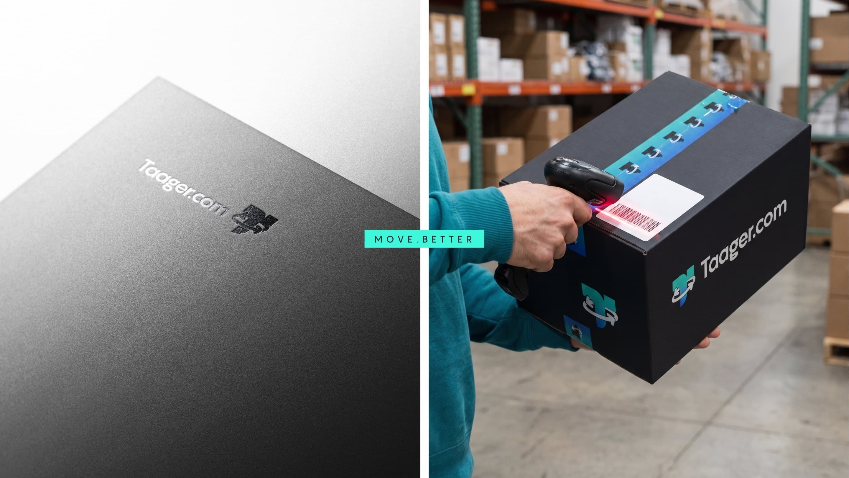 The embossed Taager box lid beside a scanner over a Taager parcel, with a Move better tab