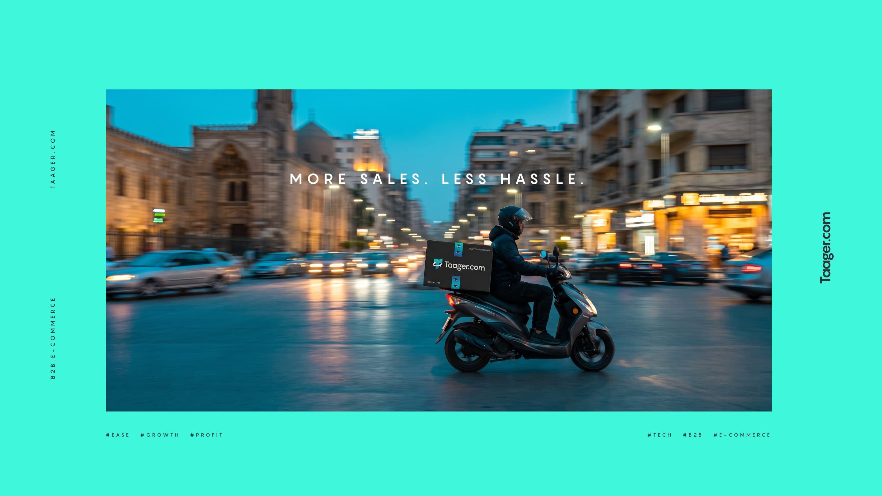 A courier on a scooter with a Taager box at blue hour: More sales. Less hassle.