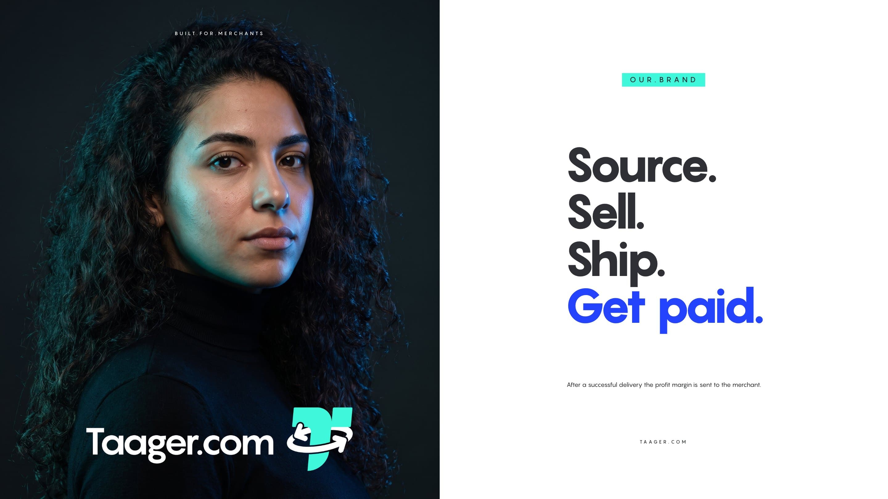 A merchant lit in teal and blue with the logo, beside Source. Sell. Ship. Get paid. set large