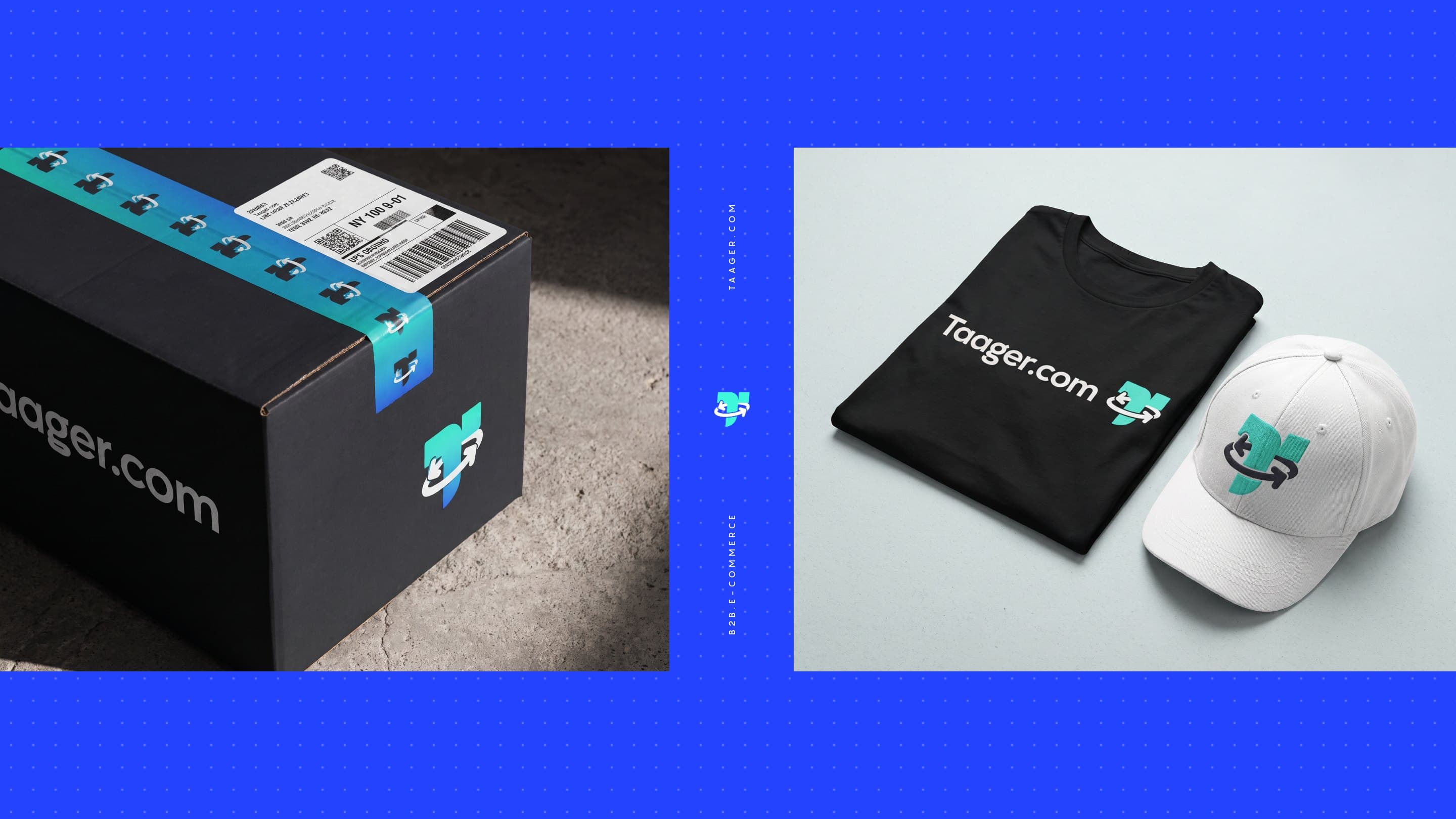 A Taager box up close, and a Taager t-shirt and cap
