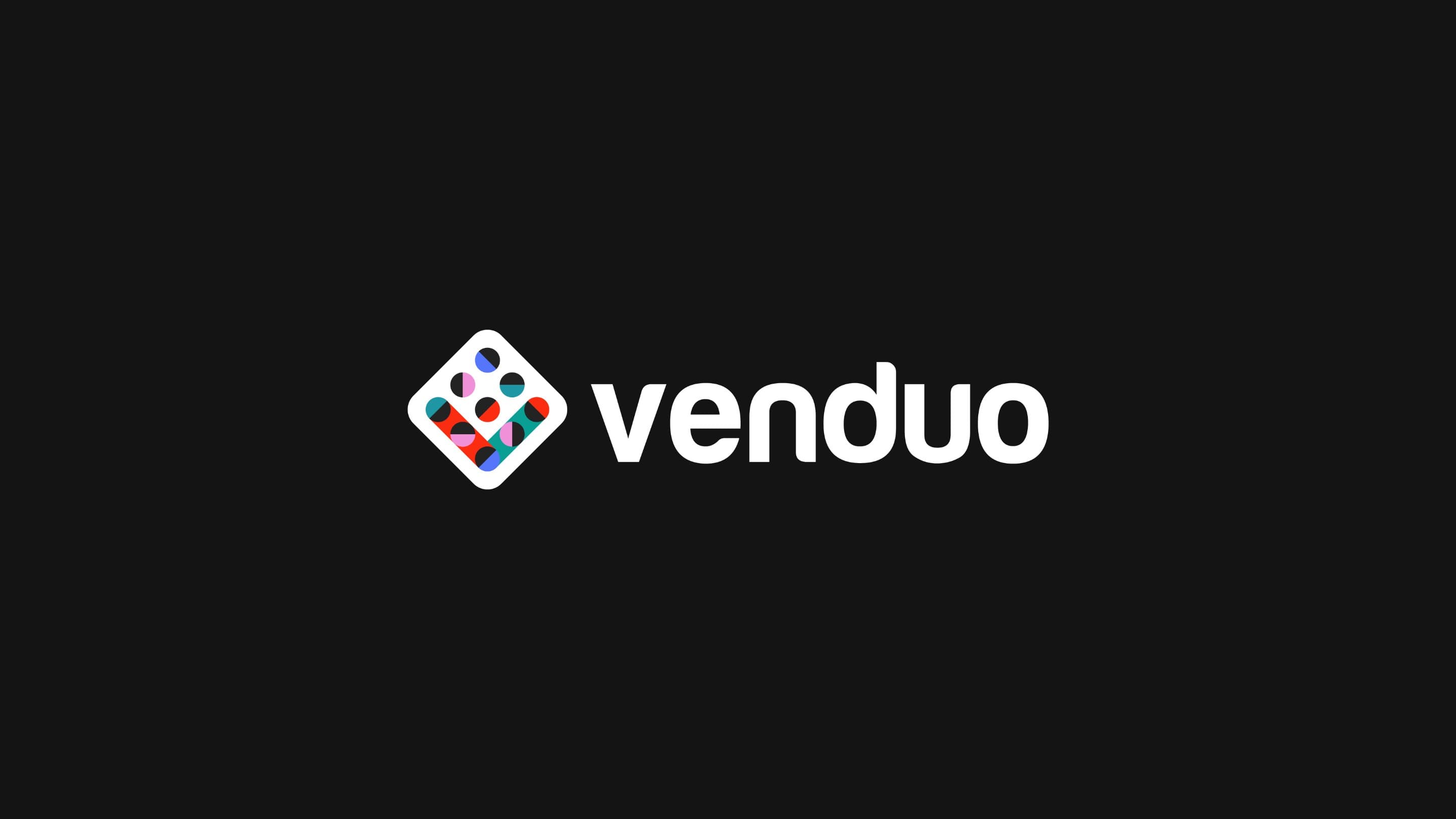 The venduo lockup in white on the brand's black