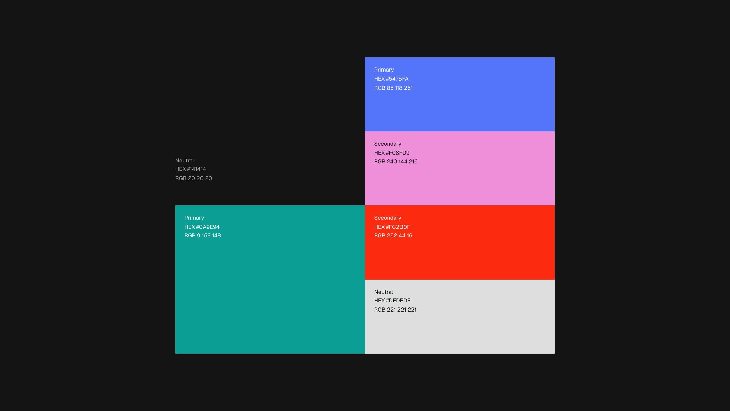 Venduo's palette: teal and blue primaries, pink and red secondaries, a near-black and a grey