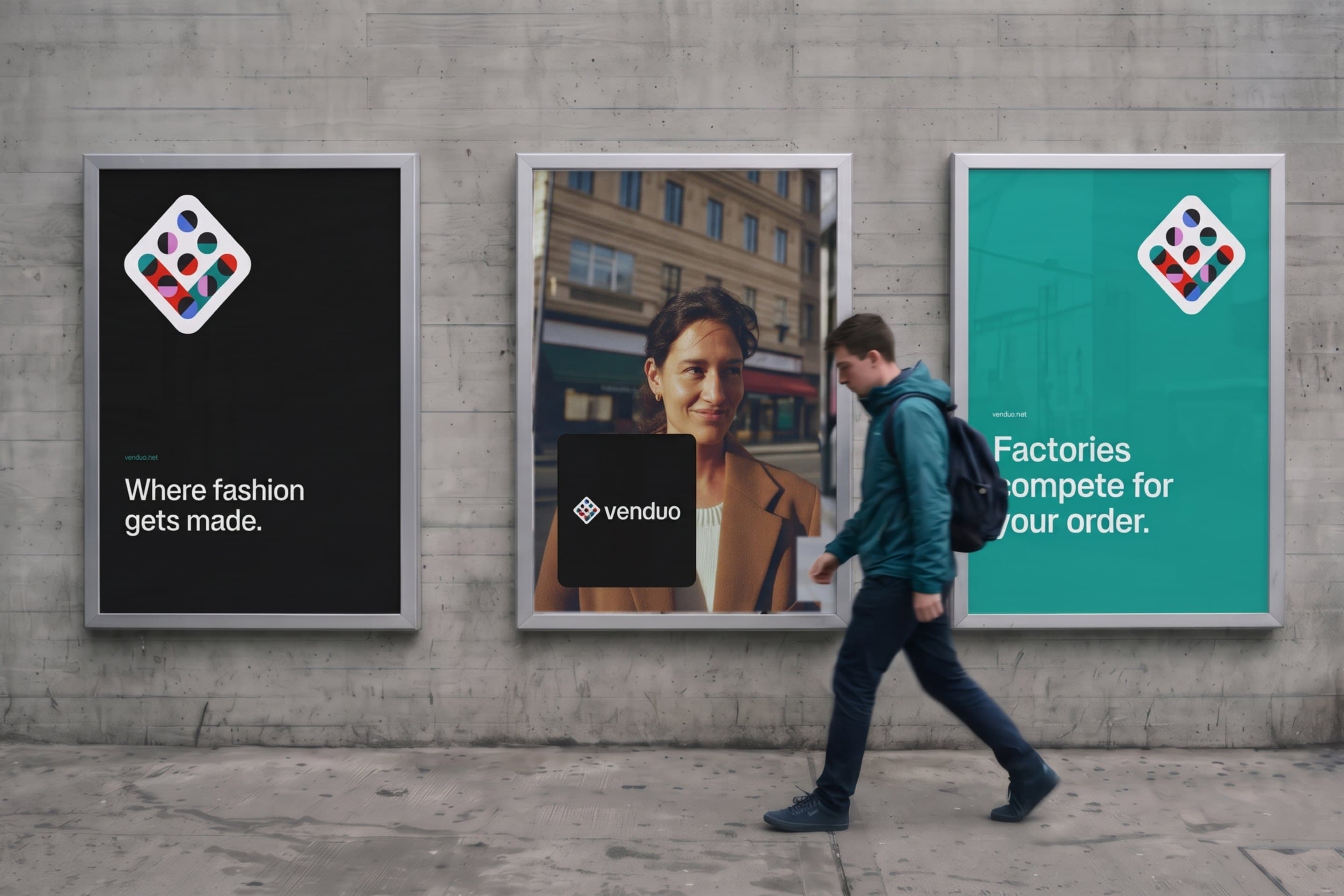 Three Venduo posters on a concrete wall as a man walks past: Where fashion gets made., the founder, Factories compete for your order.