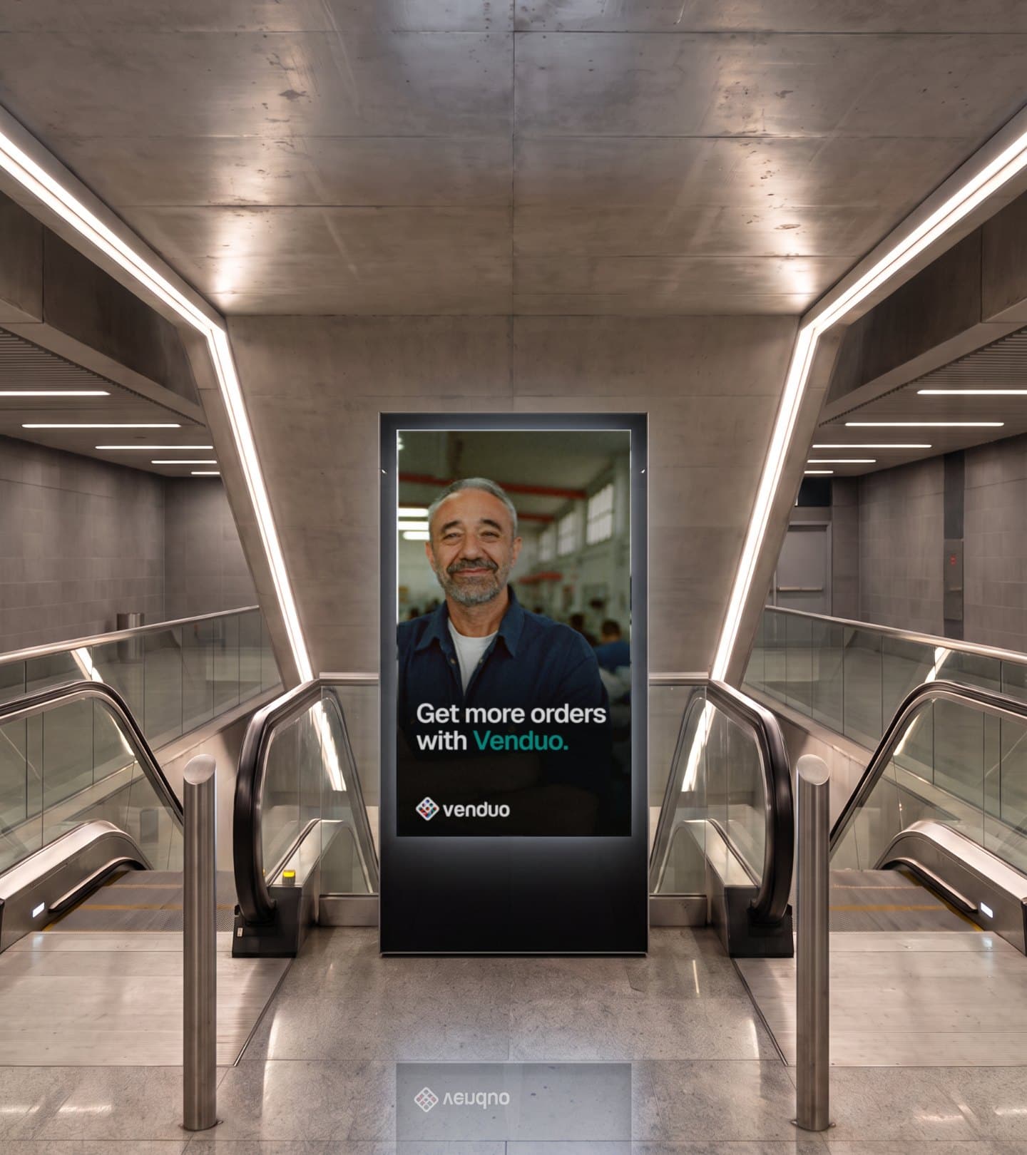 A screen at the end of a station corridor with a factory owner: Get more orders with Venduo.