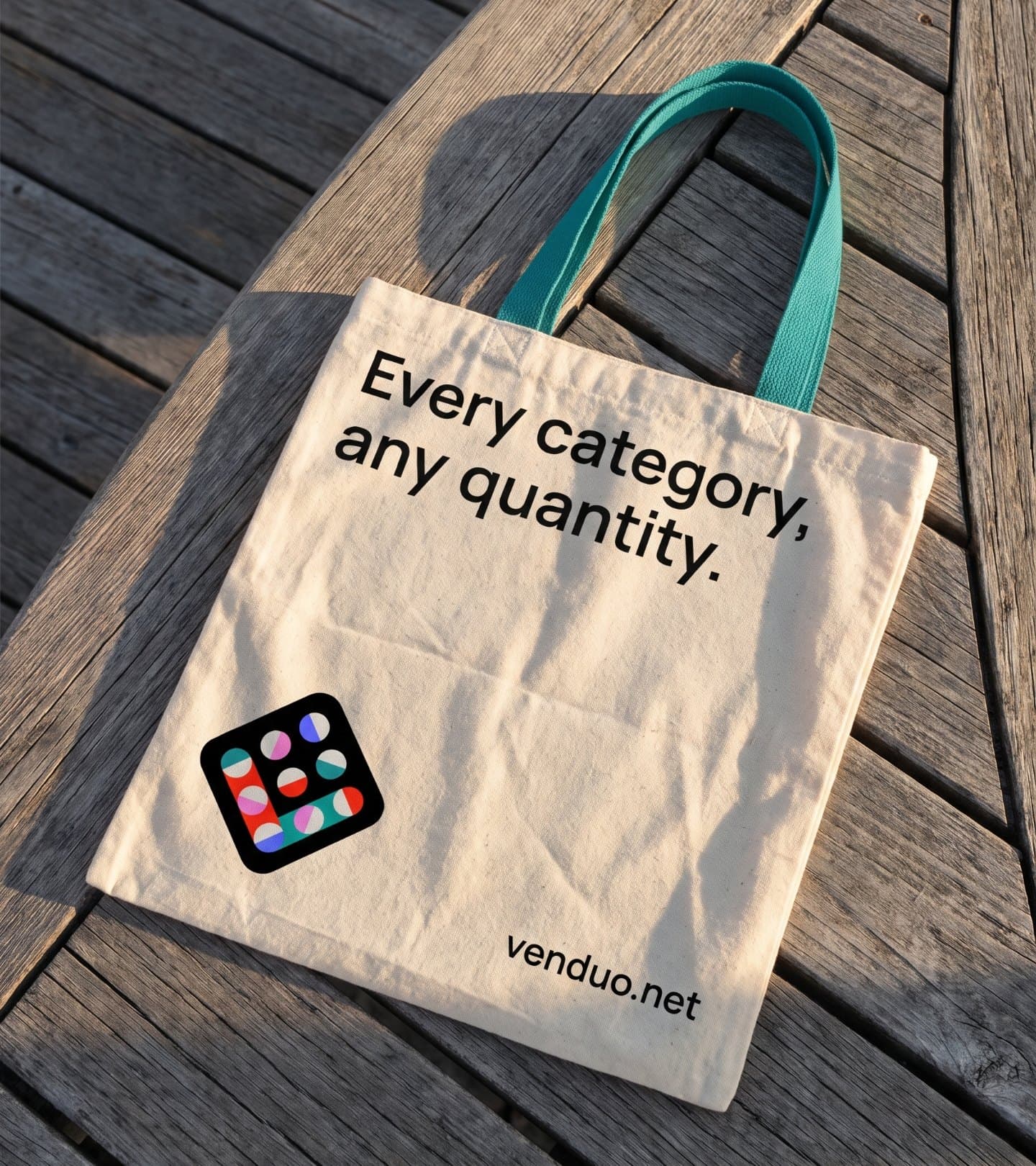 A canvas tote on a wooden deck: Every category, any quantity.
